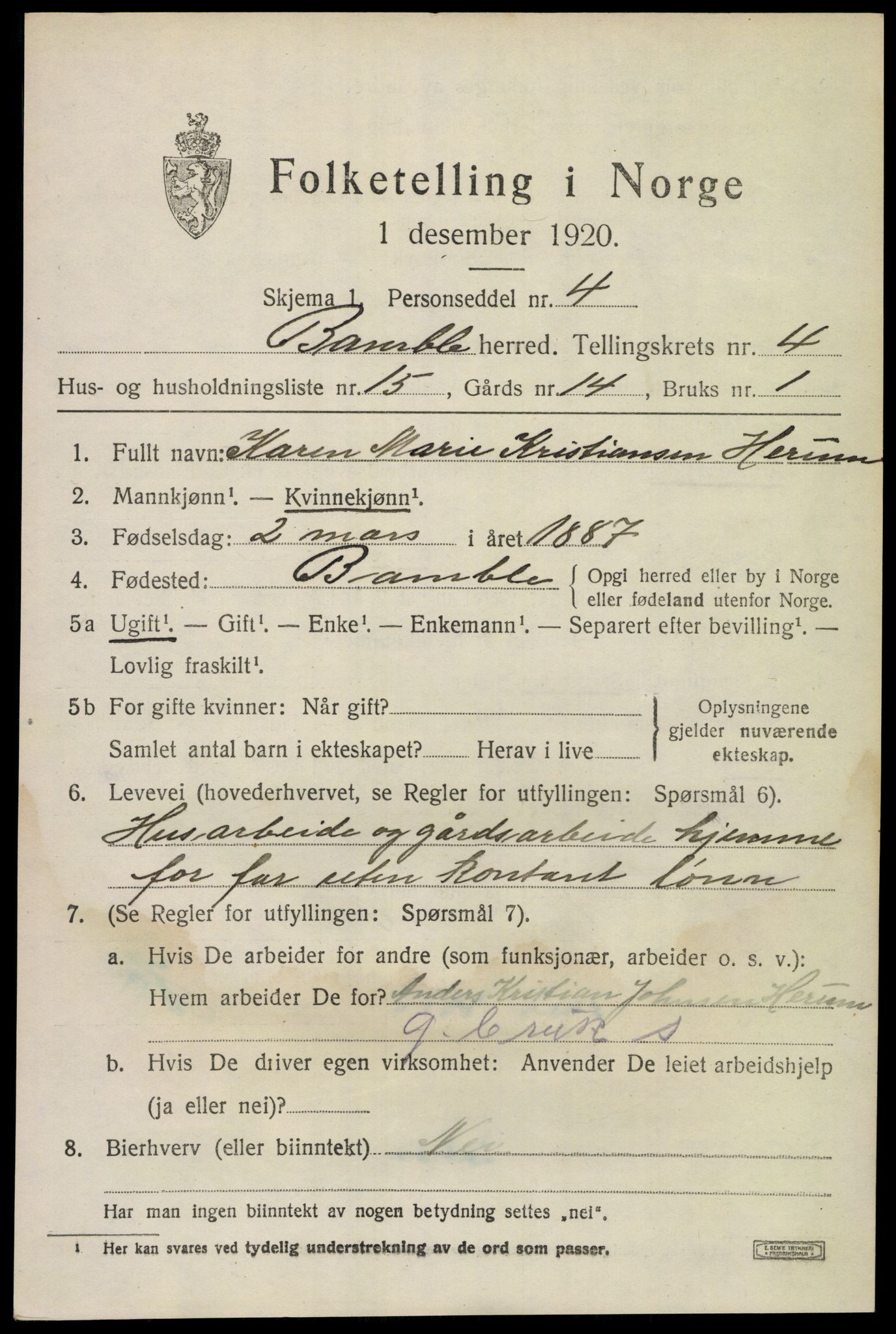 SAKO, 1920 census for Bamble, 1920, p. 4597