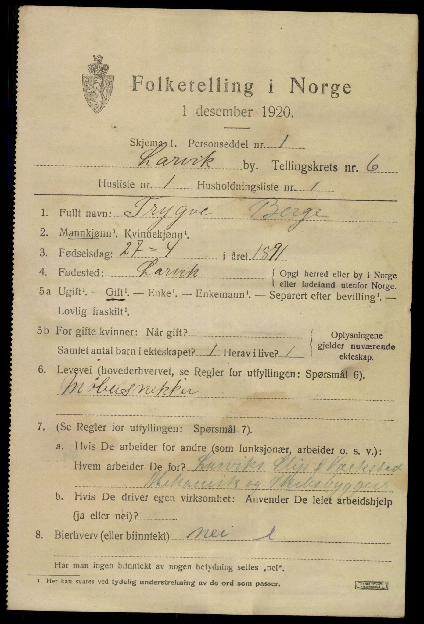 SAKO, 1920 census for Larvik, 1920, p. 17940