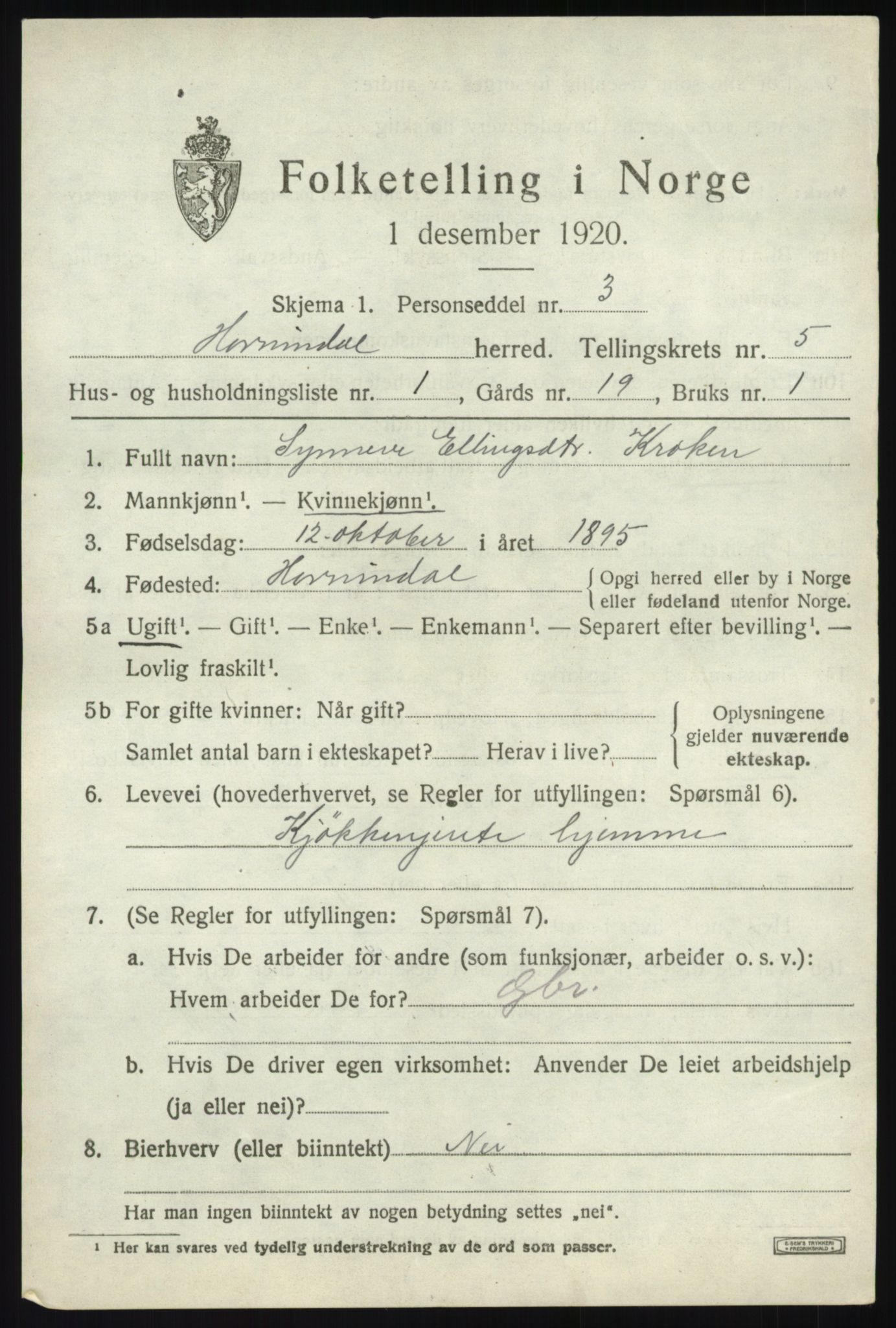 SAB, 1920 census for Hornindal, 1920, p. 2350