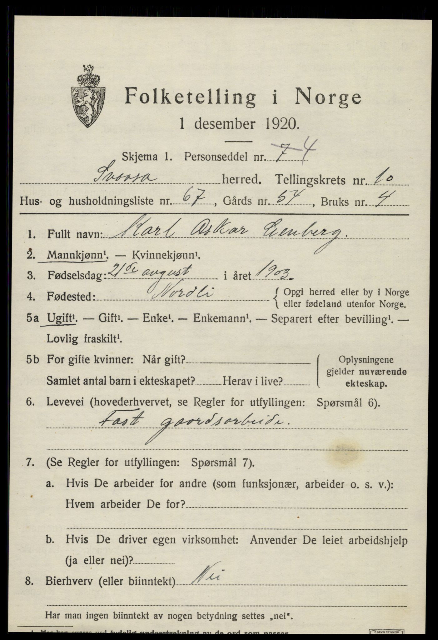 SAT, 1920 census for Snåsa, 1920, p. 4984