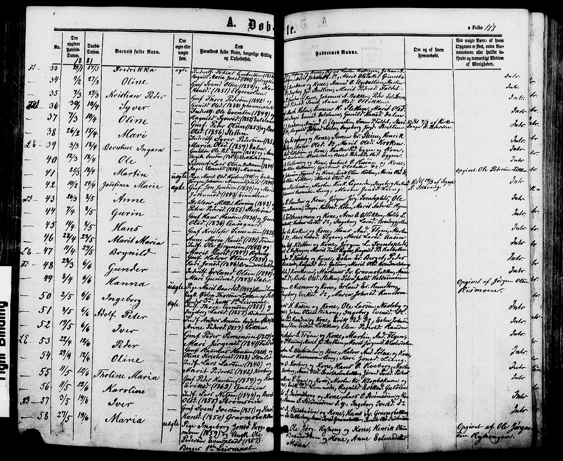 Alvdal prestekontor, AV/SAH-PREST-060/H/Ha/Haa/L0001: Parish register (official) no. 1, 1863-1882, p. 188