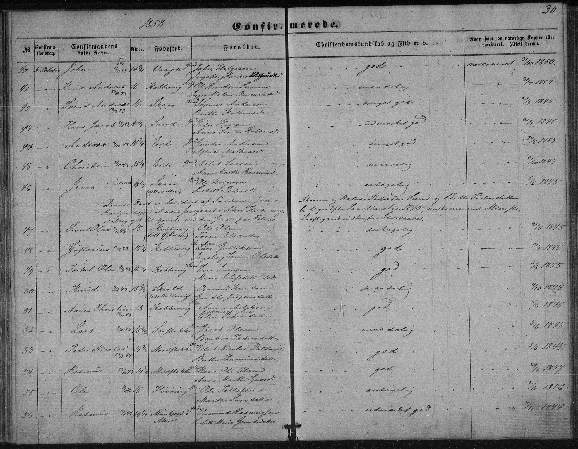 Avaldsnes sokneprestkontor, AV/SAST-A -101851/H/Ha/Haa/L0009: Parish register (official) no. A 9, 1853-1865, p. 30