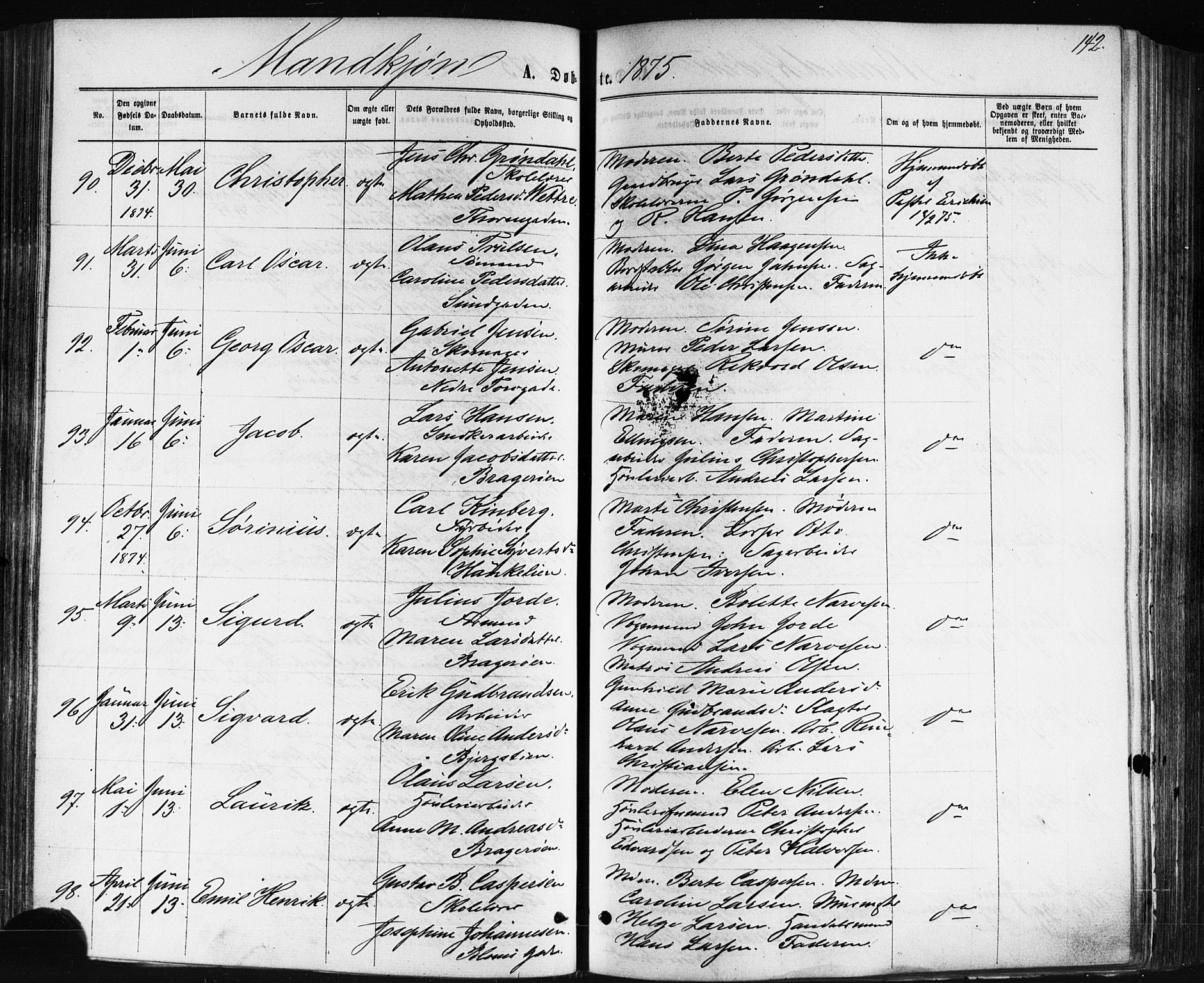 Bragernes kirkebøker, SAKO/A-6/F/Fb/L0004: Parish register (official) no. II 4, 1869-1875, p. 142