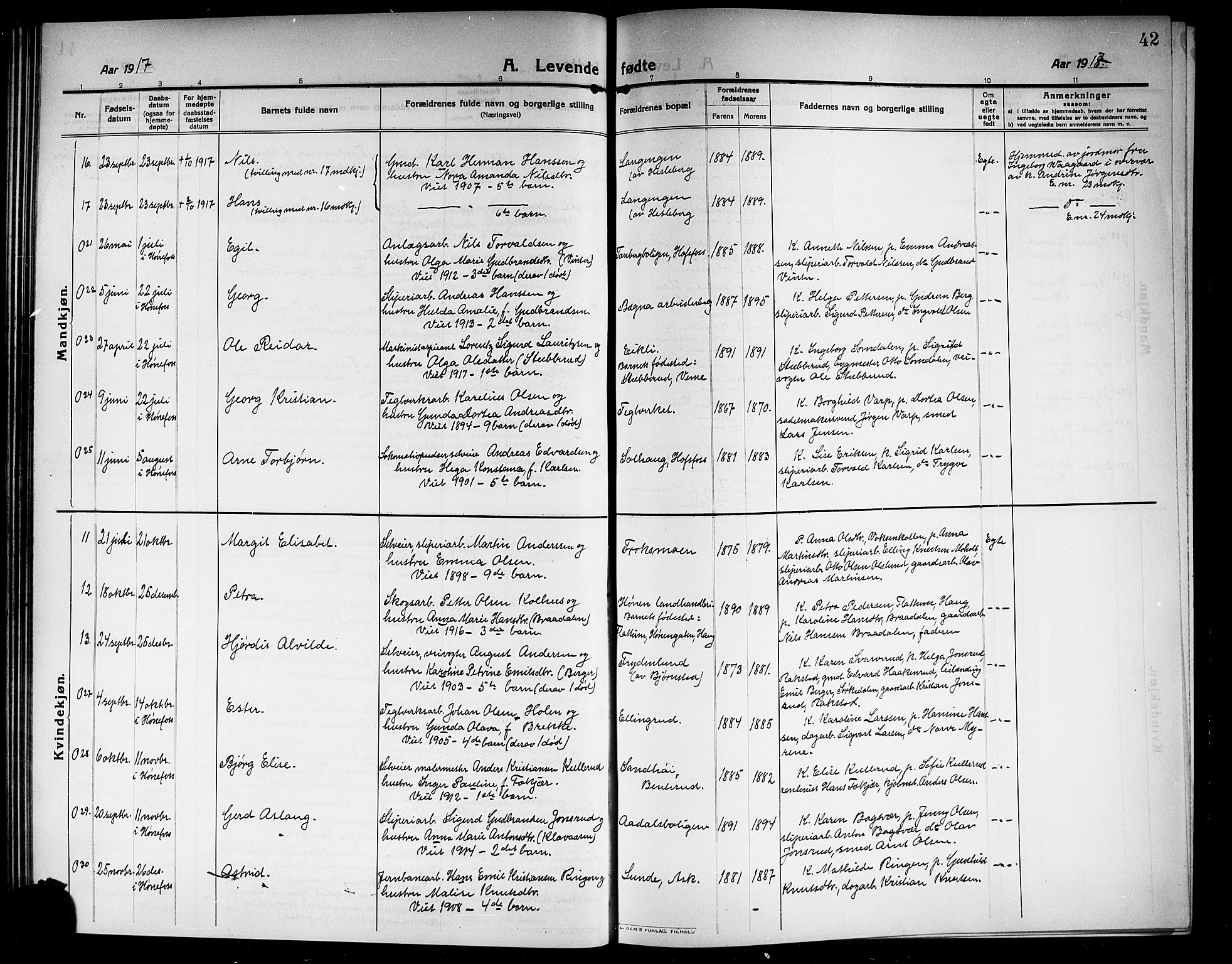 Norderhov kirkebøker, AV/SAKO-A-237/G/Ga/L0009: Parish register (copy) no. I 9, 1913-1920, p. 42