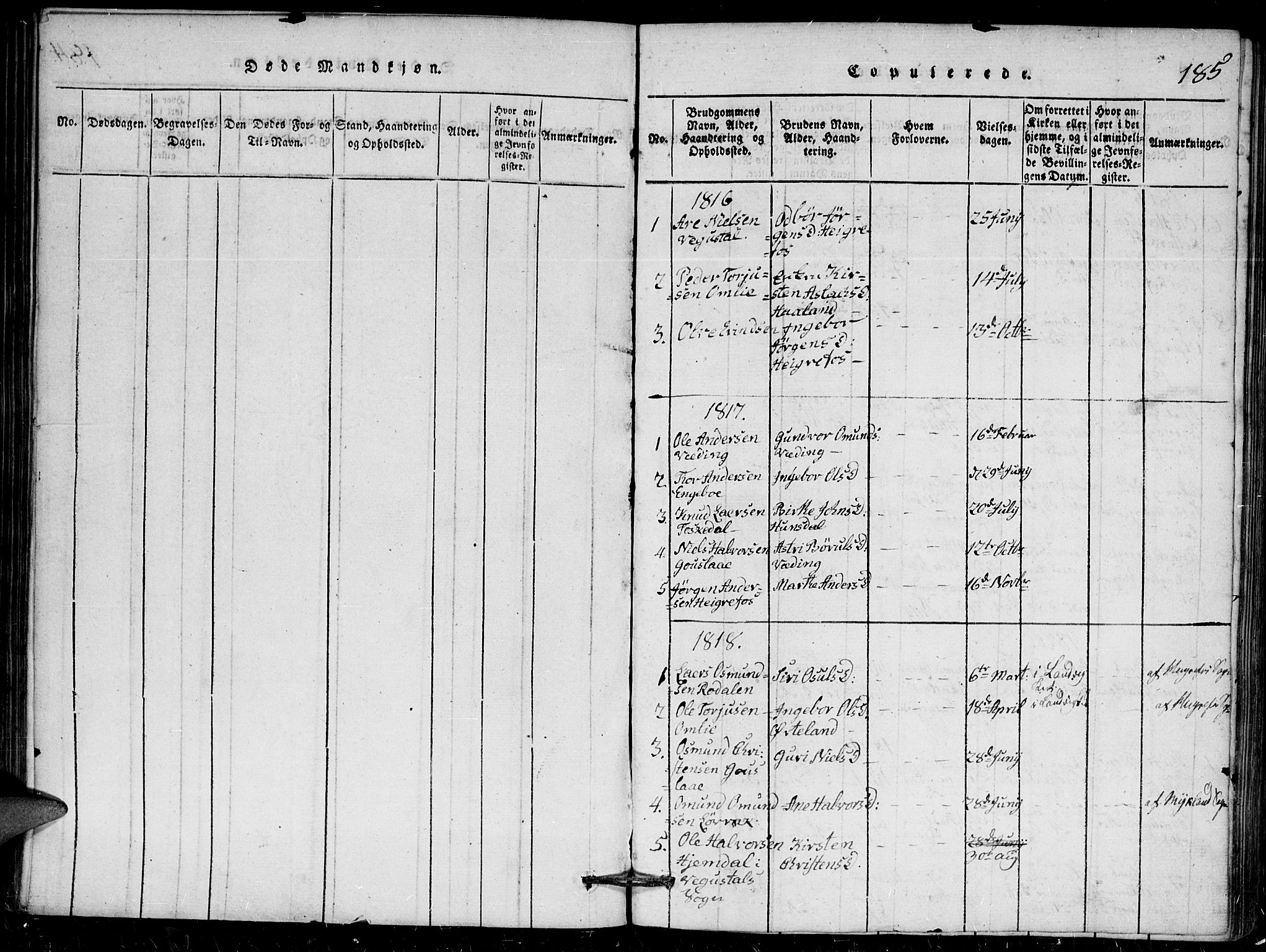 Herefoss sokneprestkontor, SAK/1111-0019/F/Fa/Faa/L0001: Parish register (official) no. A 1, 1816-1860, p. 185