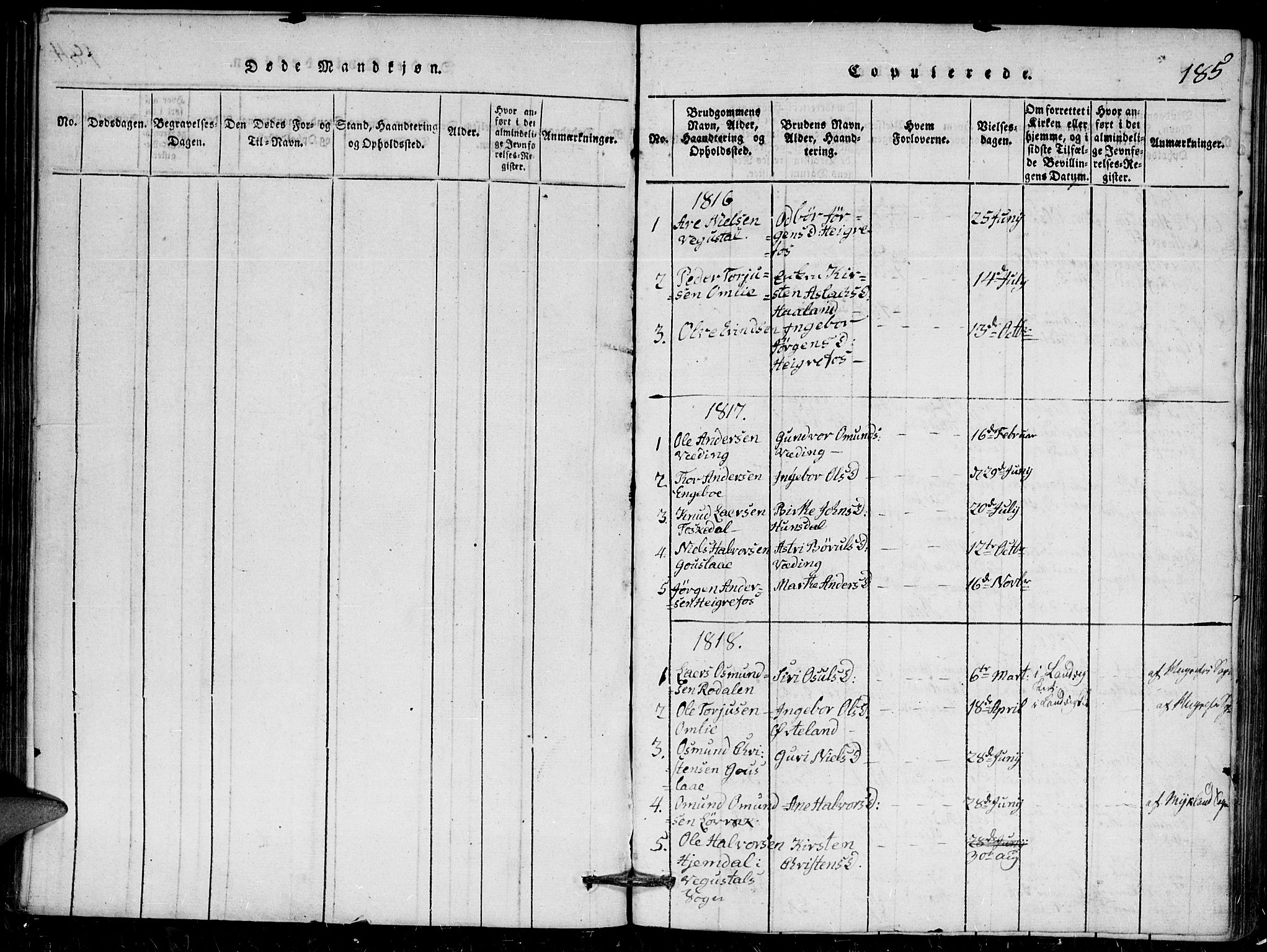 Herefoss sokneprestkontor, AV/SAK-1111-0019/F/Fa/Faa/L0001: Parish register (official) no. A 1, 1816-1860, p. 185