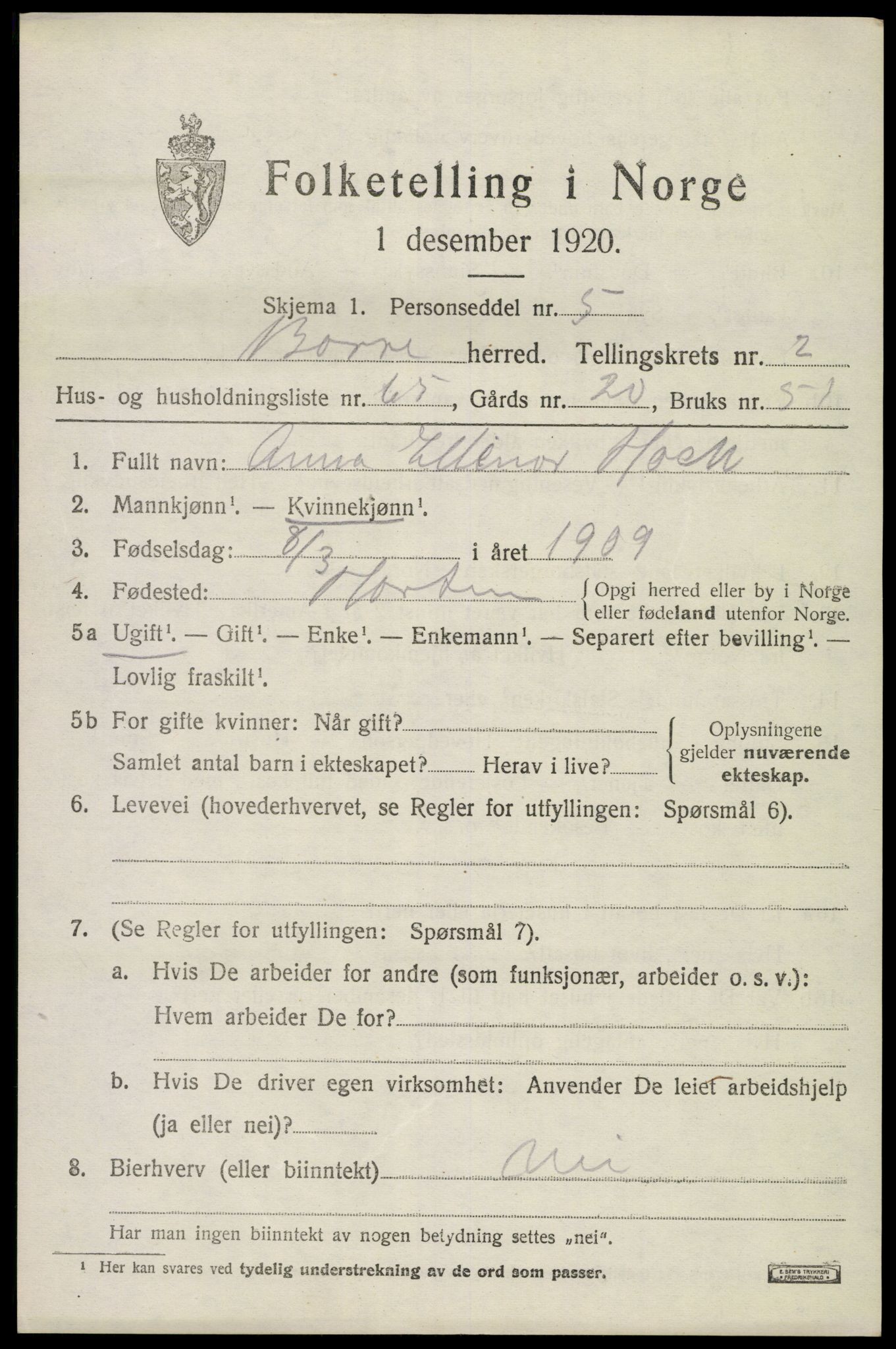 SAKO, 1920 census for Borre, 1920, p. 4922