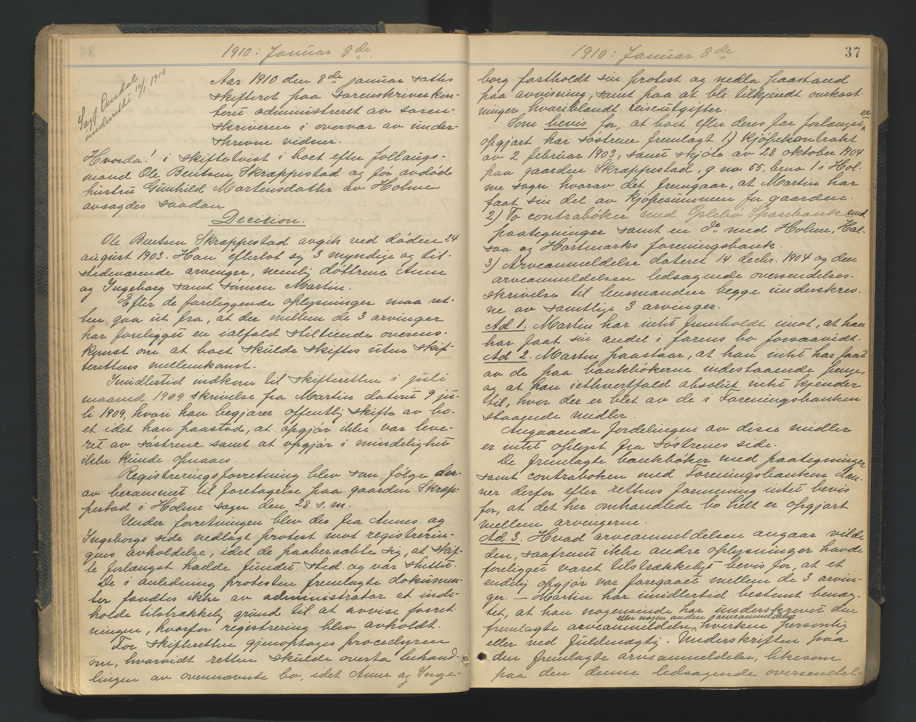 Mandal sorenskriveri, AV/SAK-1221-0005/001/H/Hc/L0081: Skifteforhandlingsprotokoll nr 13, 1909-1913, p. 37