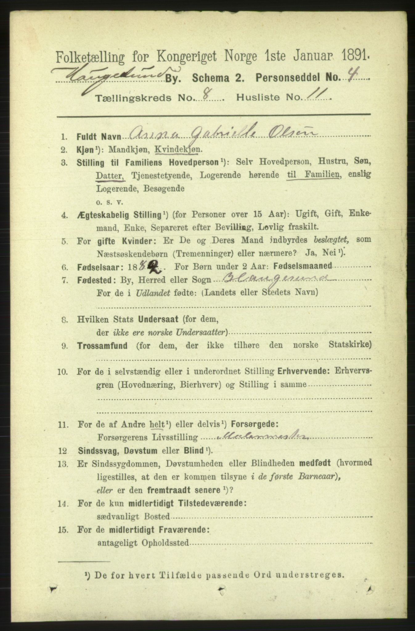 RA, 1891 census for 1106 Haugesund, 1891, p. 3703