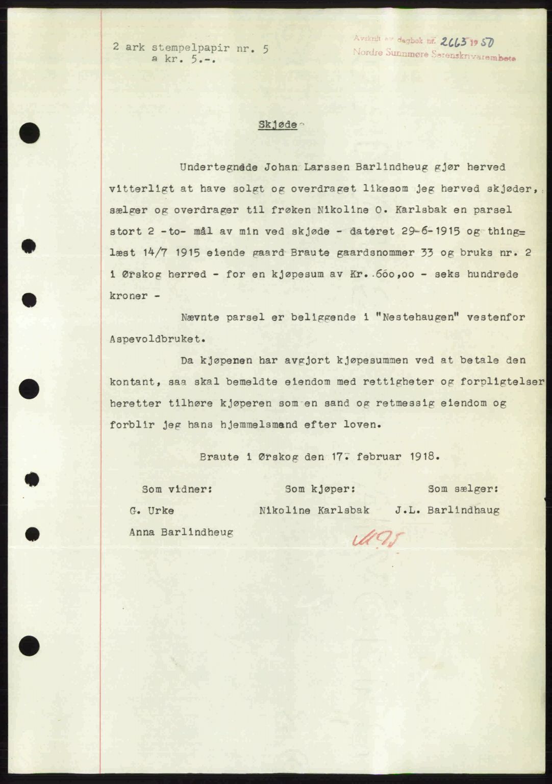 Nordre Sunnmøre sorenskriveri, AV/SAT-A-0006/1/2/2C/2Ca: Mortgage book no. A36, 1950-1950, Diary no: : 2663/1950