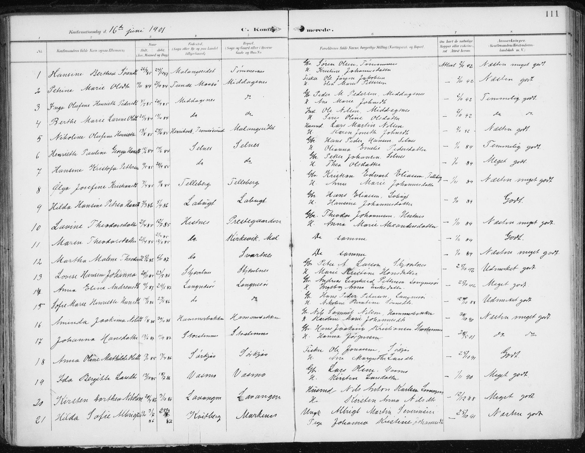 Balsfjord sokneprestembete, AV/SATØ-S-1303/G/Gaa/L0006kirke: Parish register (official) no. 6, 1897-1909, p. 111
