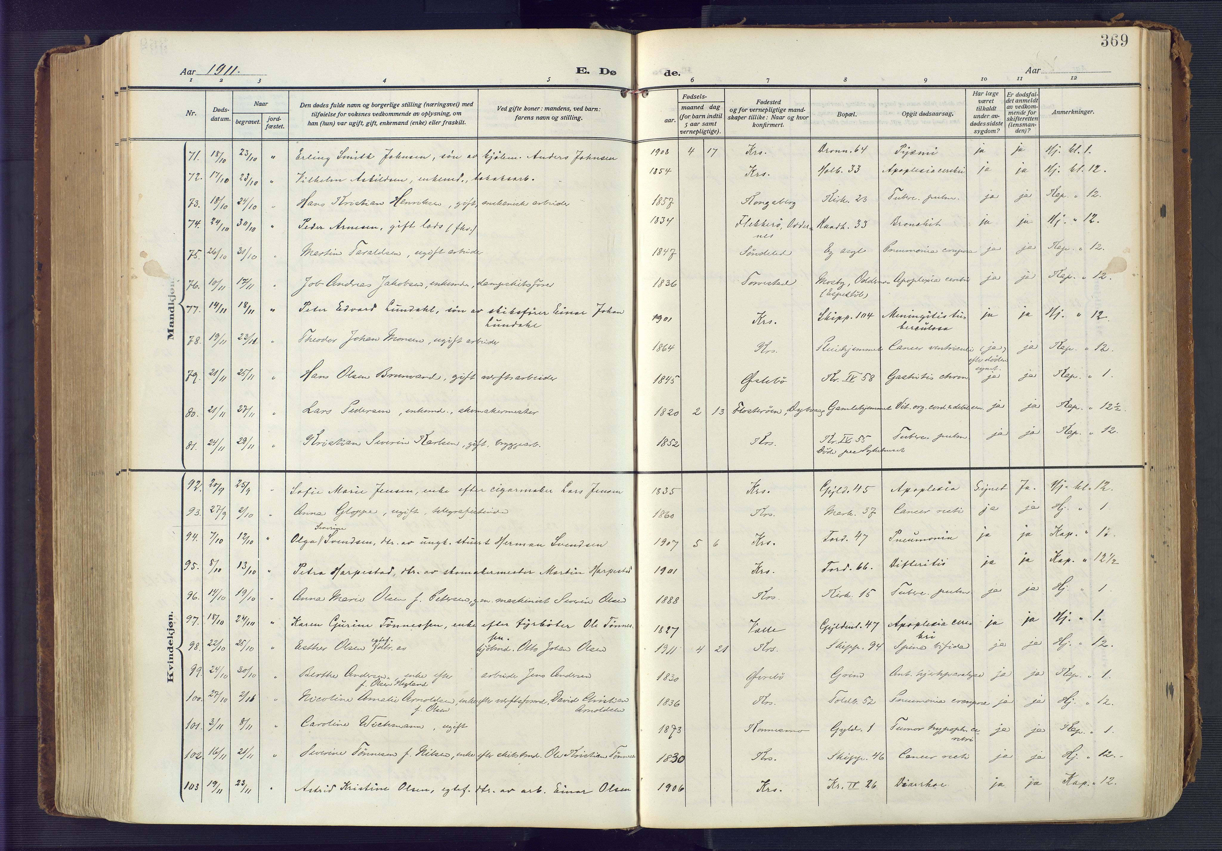 Kristiansand domprosti, SAK/1112-0006/F/Fa/L0023: Parish register (official) no. A 22, 1909-1917, p. 369