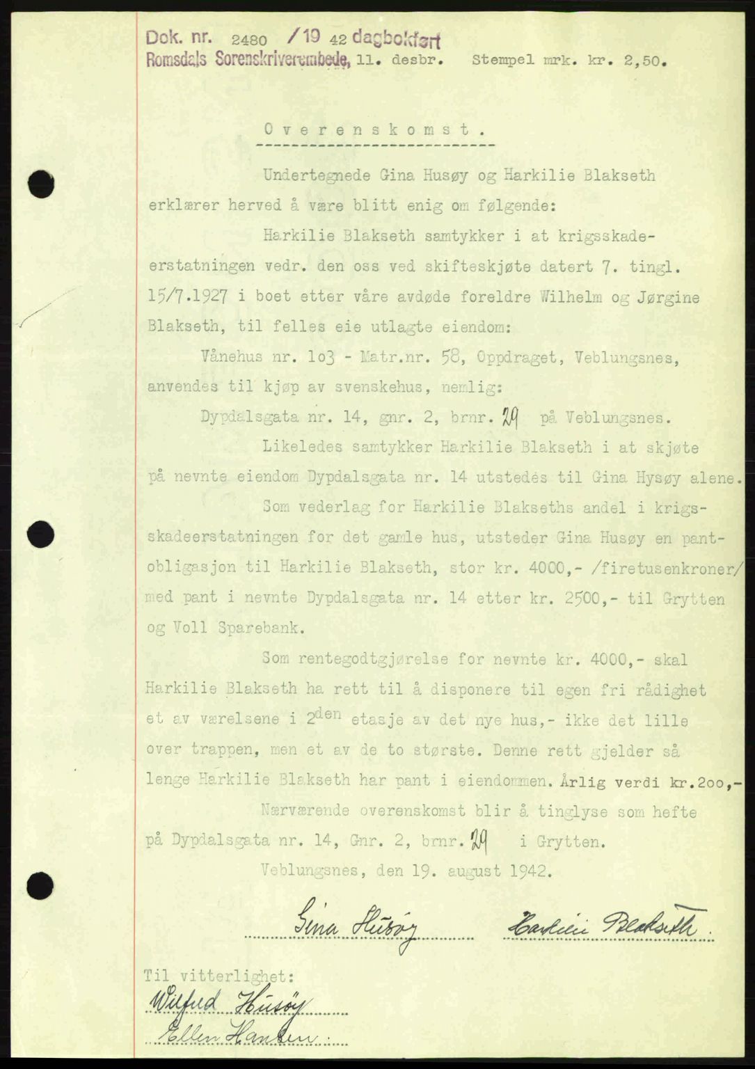 Romsdal sorenskriveri, AV/SAT-A-4149/1/2/2C: Mortgage book no. A13, 1942-1943, Diary no: : 2480/1942