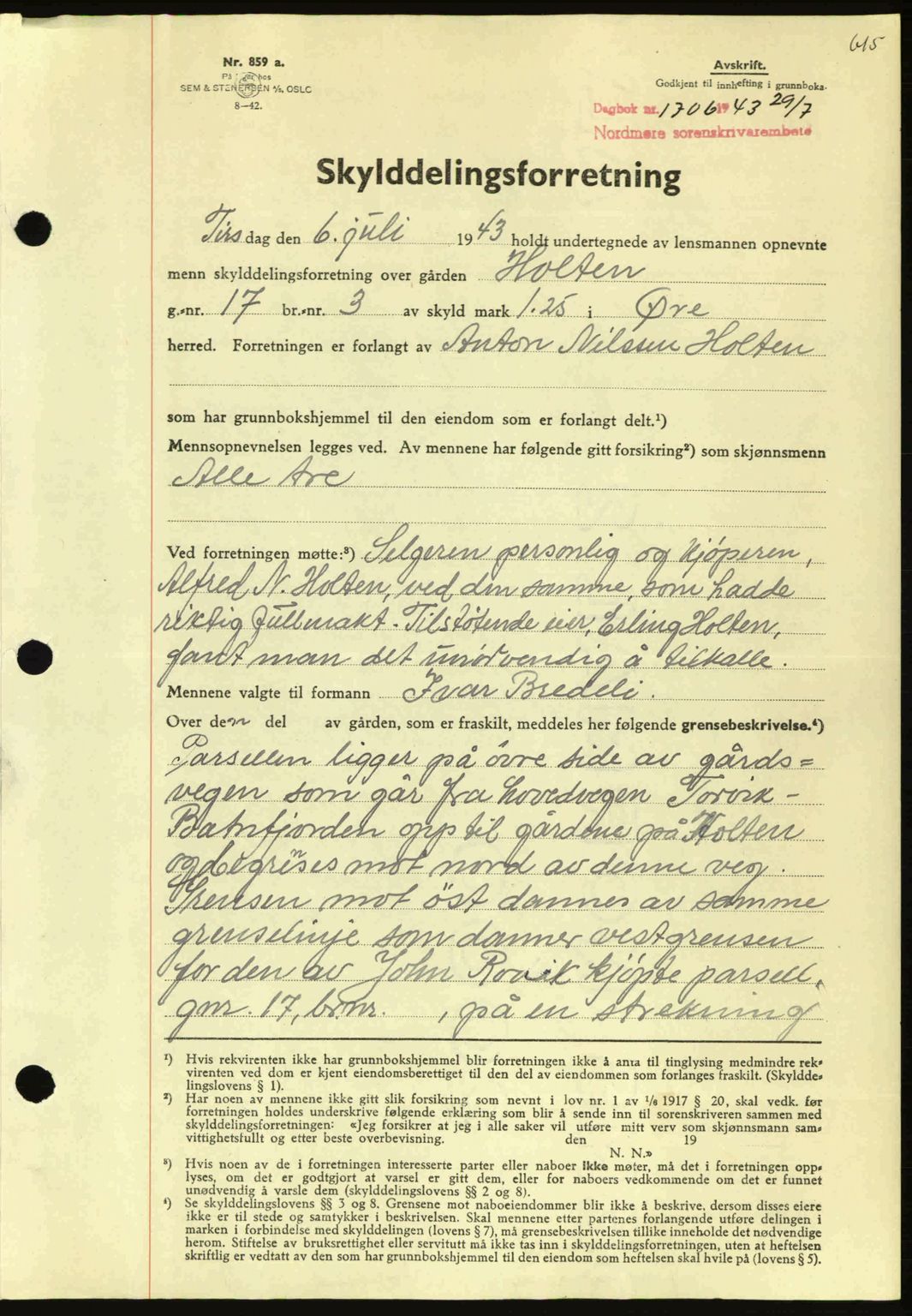 Nordmøre sorenskriveri, AV/SAT-A-4132/1/2/2Ca: Mortgage book no. A95, 1943-1943, Diary no: : 1706/1943