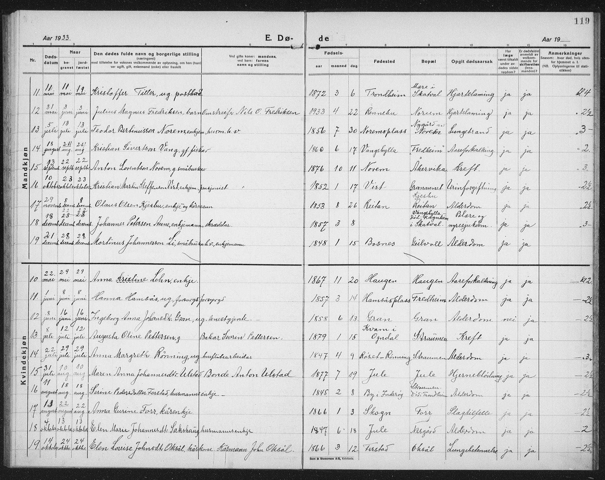Ministerialprotokoller, klokkerbøker og fødselsregistre - Nord-Trøndelag, AV/SAT-A-1458/730/L0303: Parish register (copy) no. 730C06, 1924-1933, p. 119