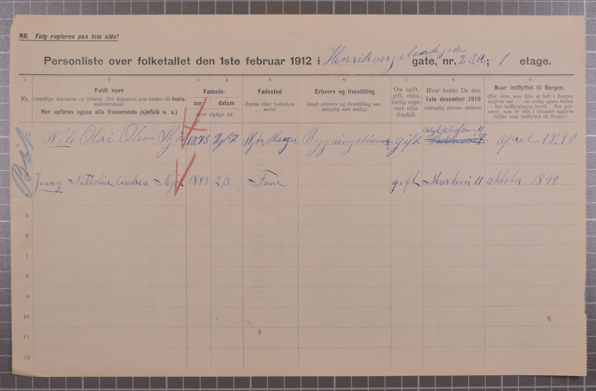 SAB, Municipal Census 1912 for Bergen, 1912, p. 2873