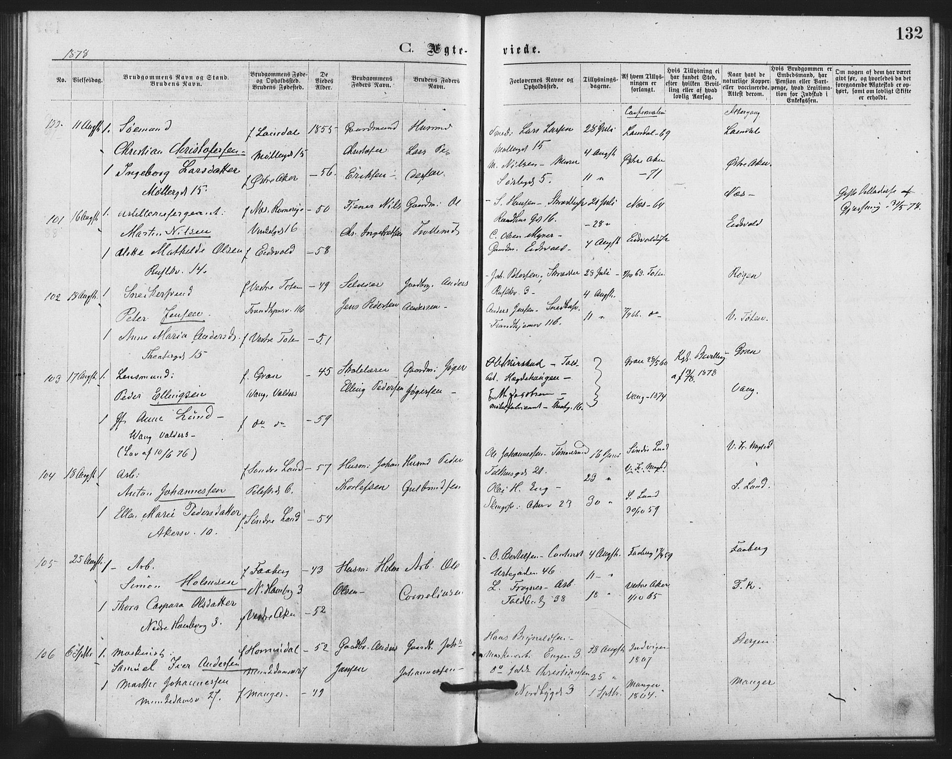 Trefoldighet prestekontor Kirkebøker, SAO/A-10882/F/Fc/L0002: Parish register (official) no. III 2, 1874-1881, p. 132