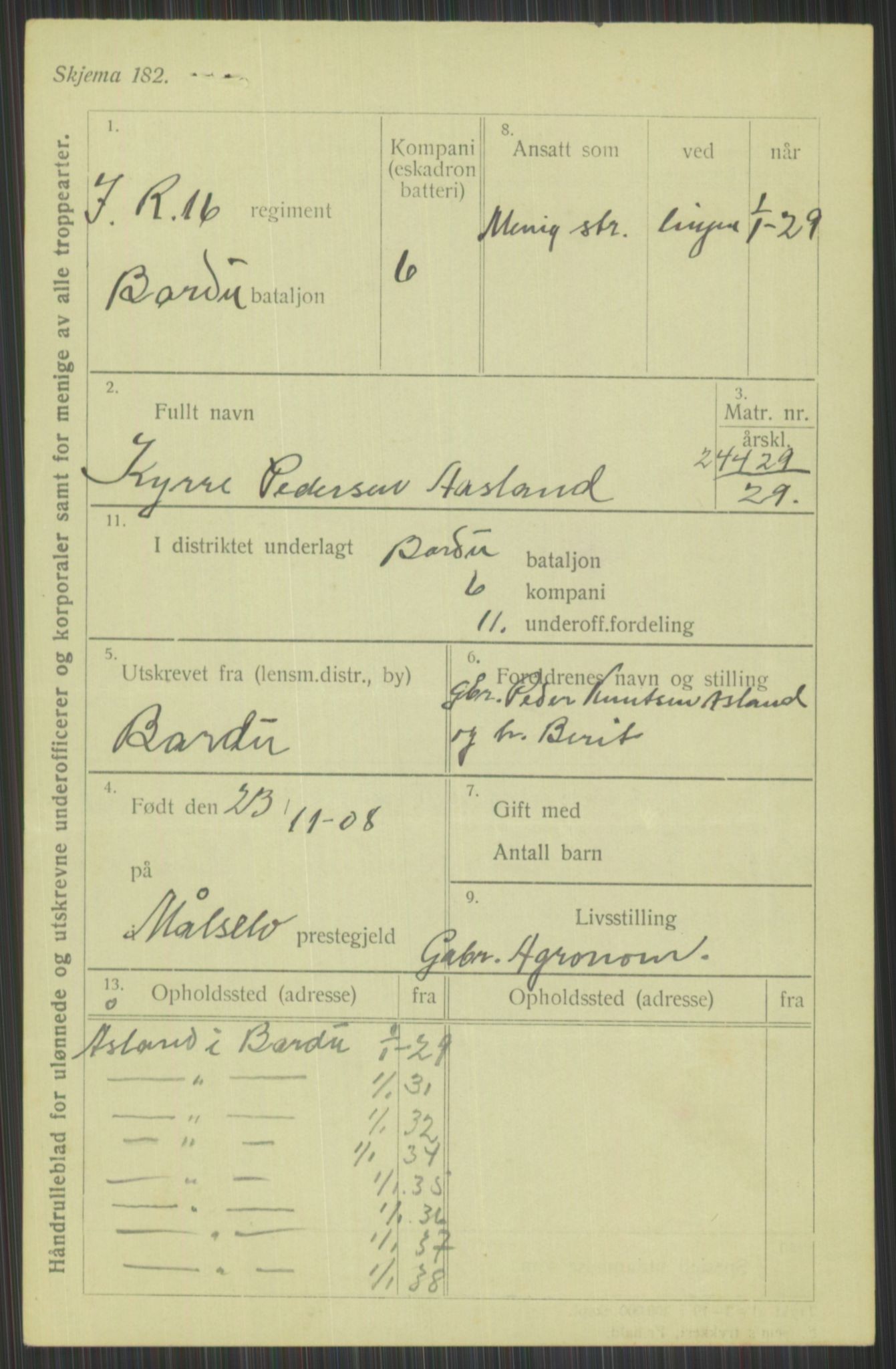 Forsvaret, Troms infanteriregiment nr. 16, AV/RA-RAFA-3146/P/Pa/L0013/0004: Rulleblad / Rulleblad for regimentets menige mannskaper, årsklasse 1929, 1929, p. 11