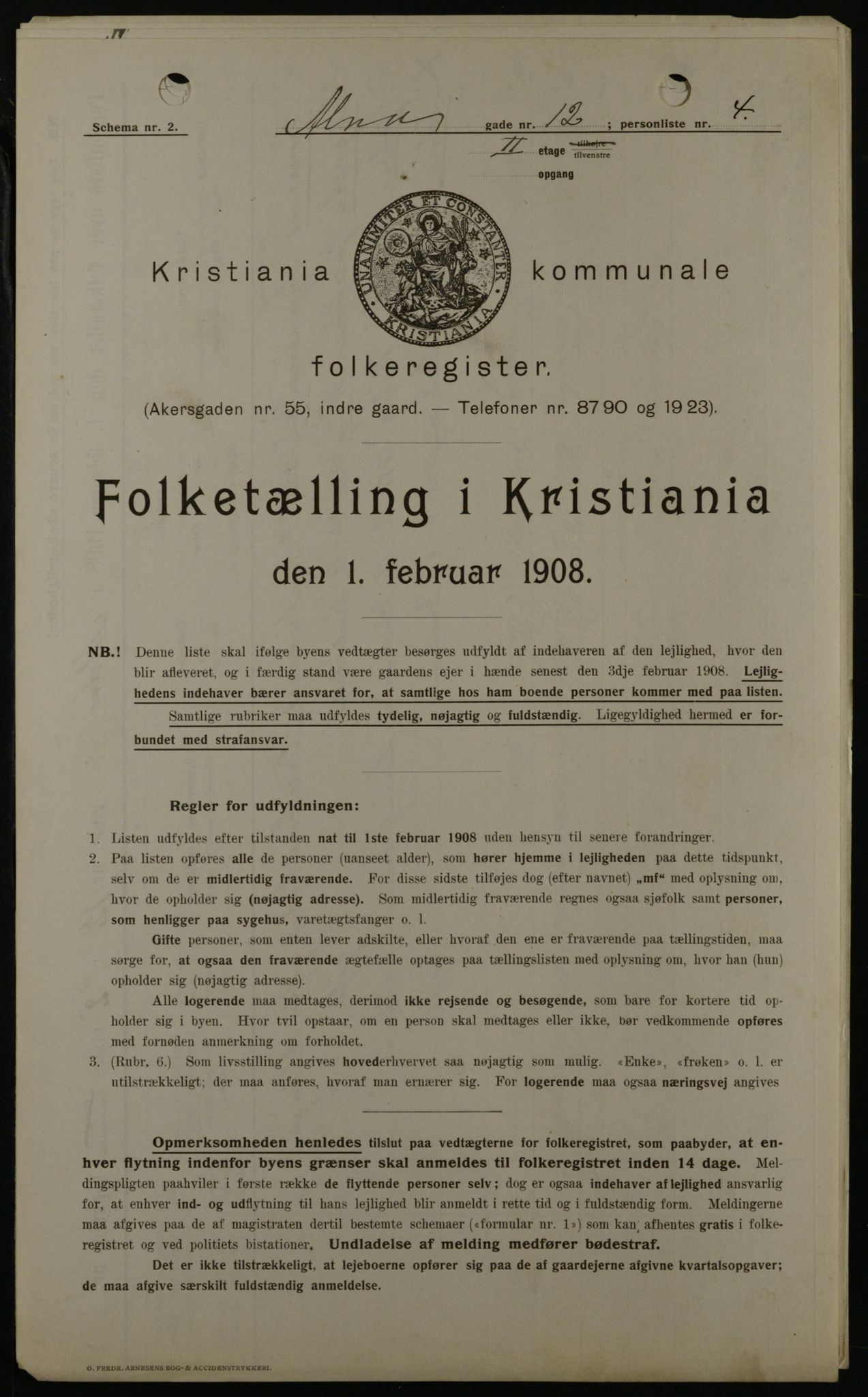 OBA, Municipal Census 1908 for Kristiania, 1908, p. 1415