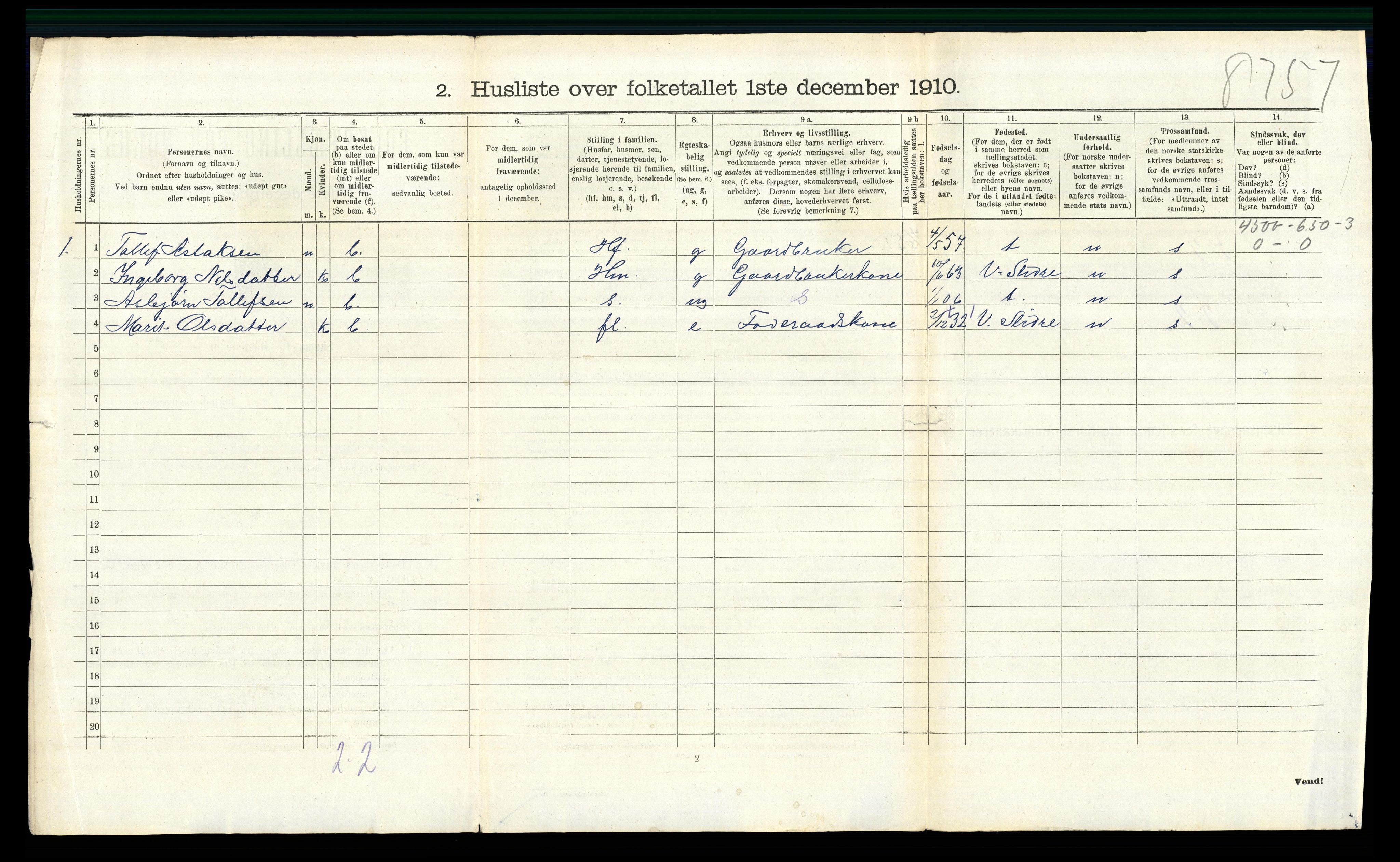 RA, 1910 census for Nord-Aurdal, 1910, p. 732