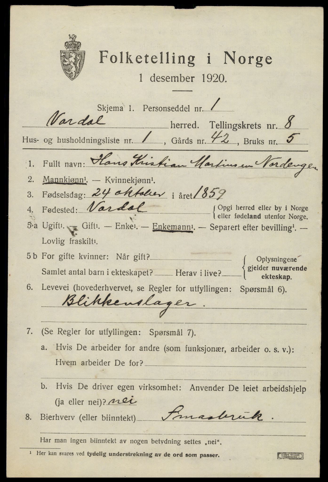 SAH, 1920 census for Vardal, 1920, p. 5729