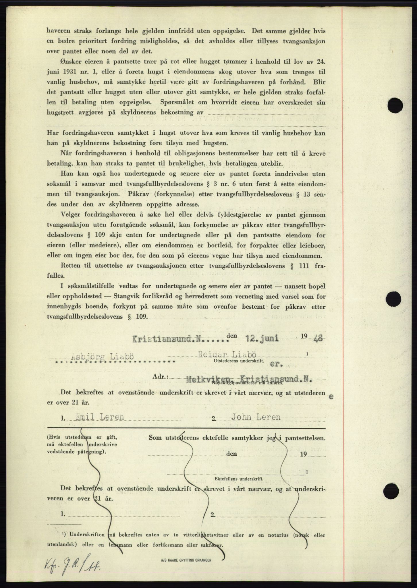 Nordmøre sorenskriveri, AV/SAT-A-4132/1/2/2Ca: Mortgage book no. B99, 1948-1948, Diary no: : 1827/1948