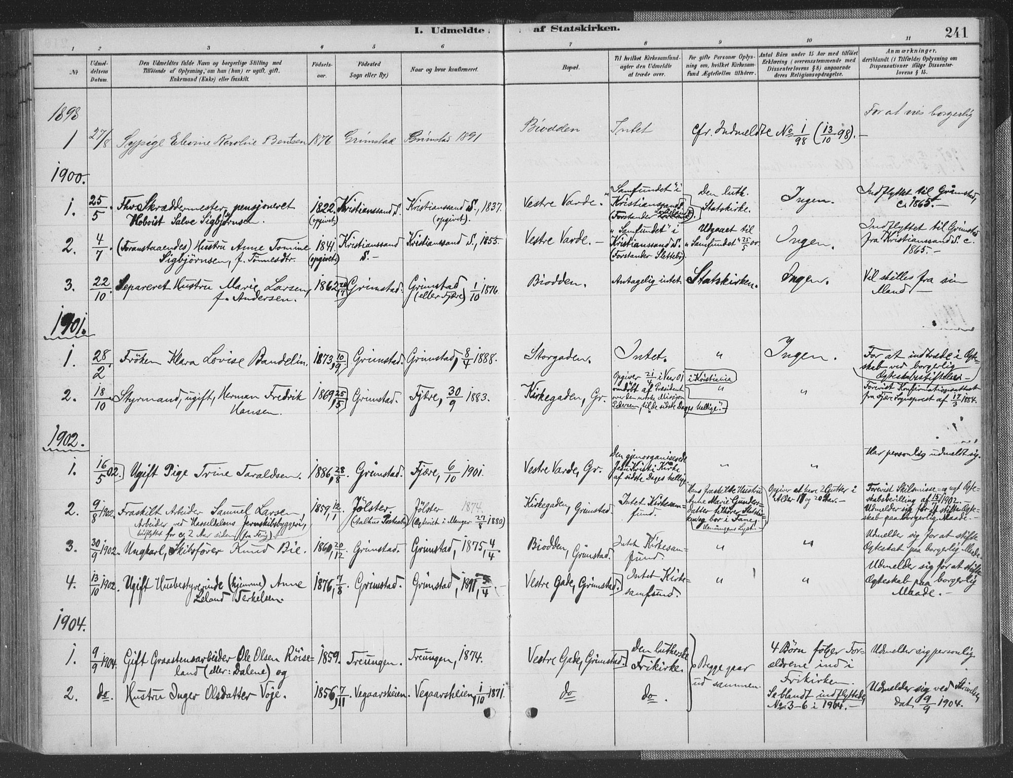 Grimstad sokneprestkontor, SAK/1111-0017/F/Fa/L0004: Parish register (official) no. A 3, 1882-1910, p. 241