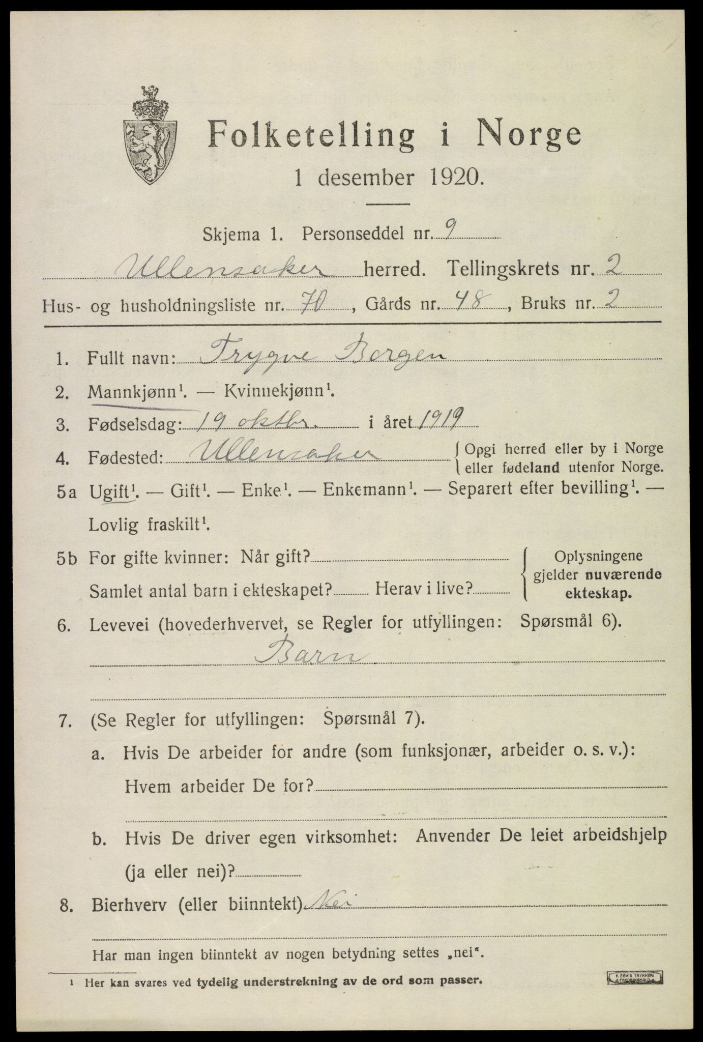 SAO, 1920 census for Ullensaker, 1920, p. 5519