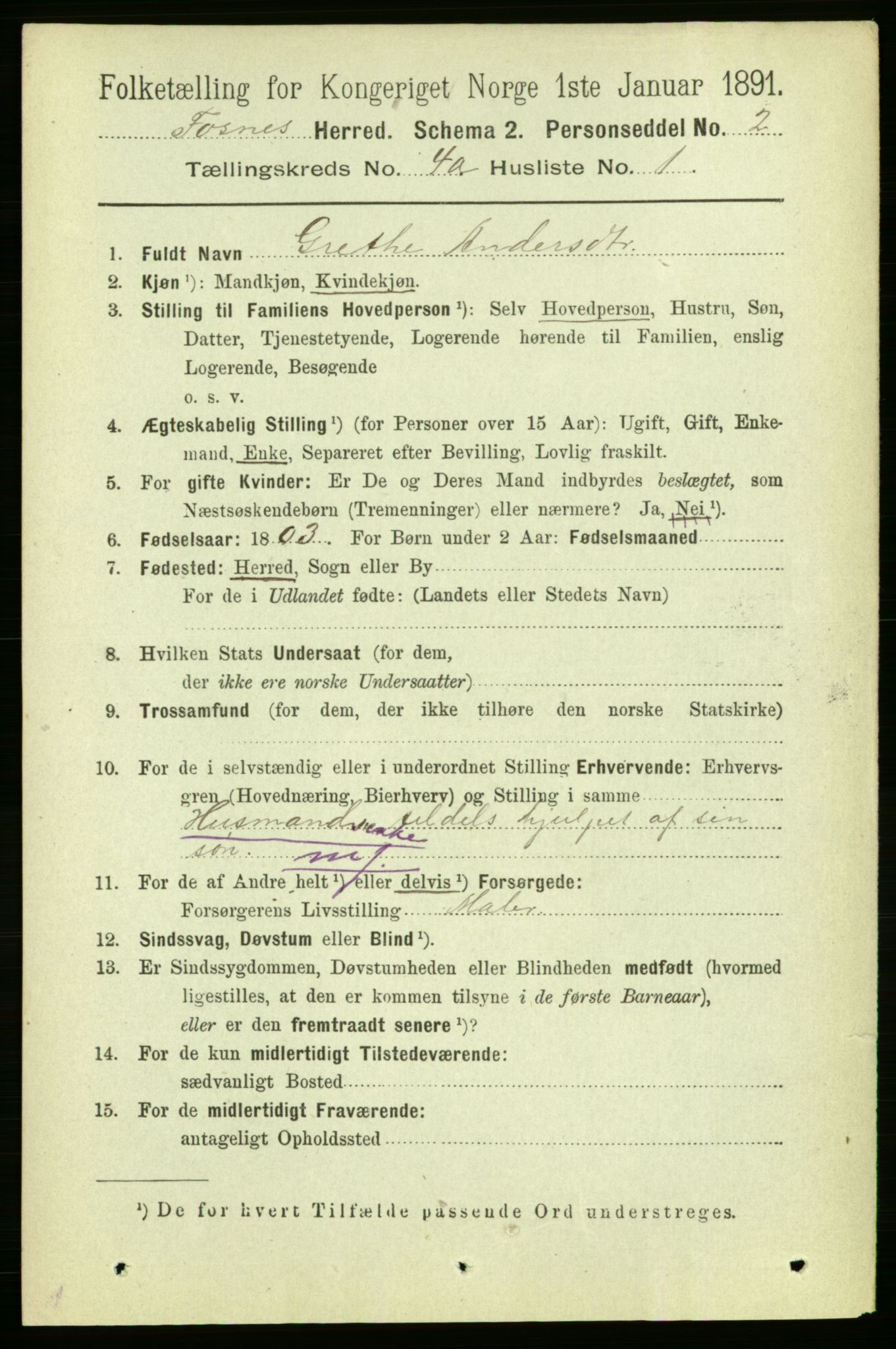 RA, 1891 census for 1748 Fosnes, 1891, p. 1390