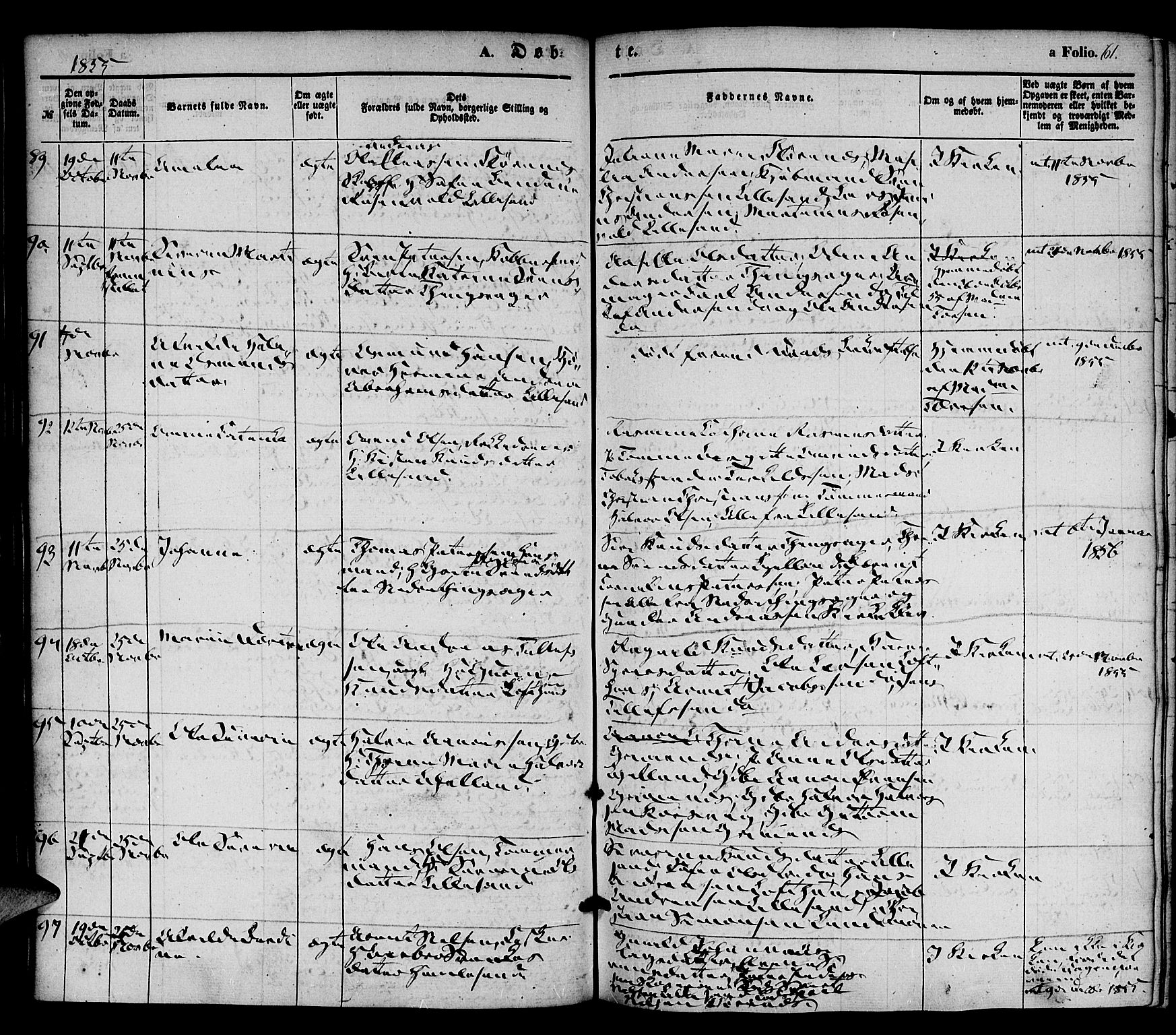 Vestre Moland sokneprestkontor, AV/SAK-1111-0046/F/Fa/Fab/L0006: Parish register (official) no. A 6, 1850-1858, p. 61