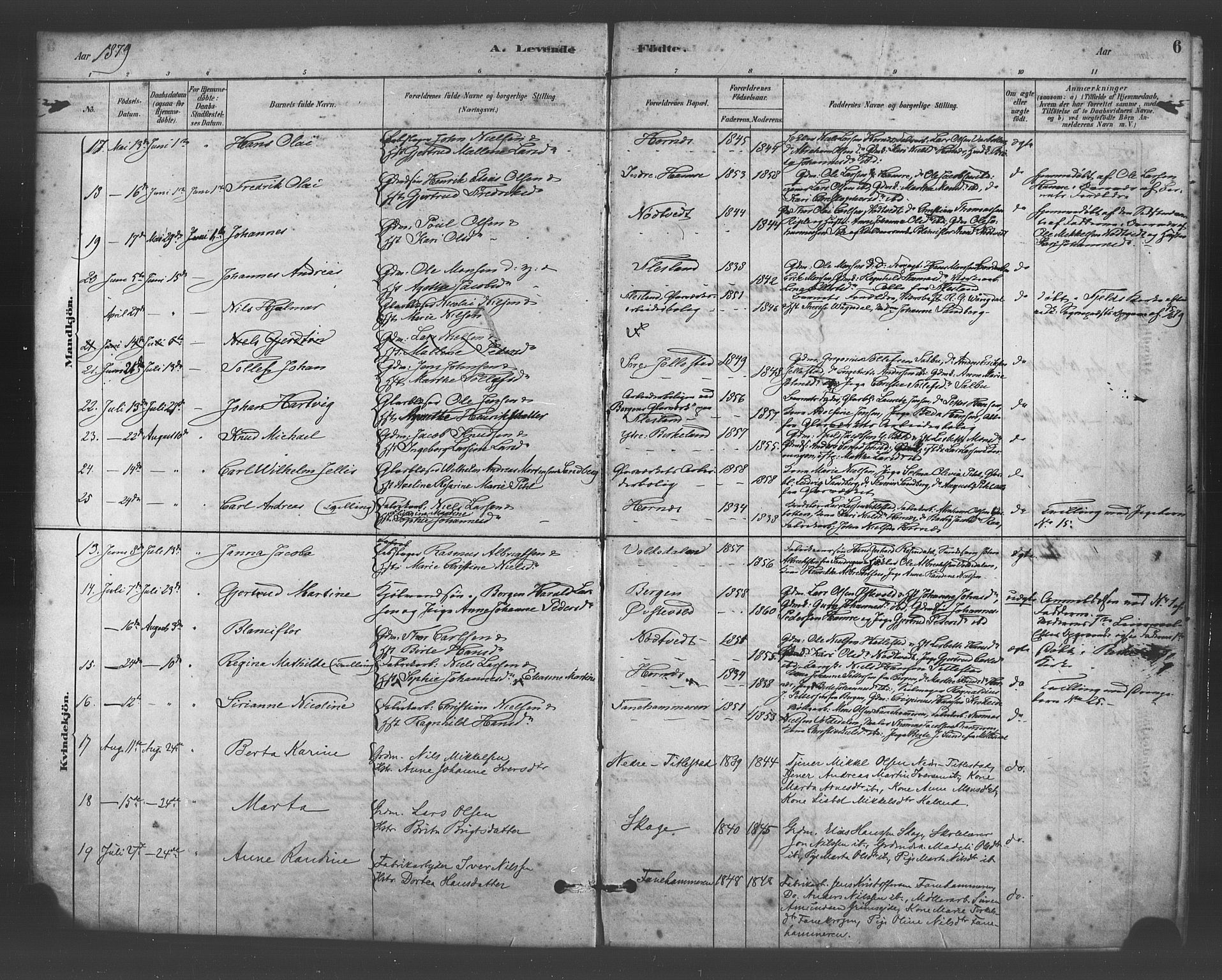 Fana Sokneprestembete, AV/SAB-A-75101/H/Haa/Haab/L0001: Parish register (official) no. B 1, 1878-1889, p. 6