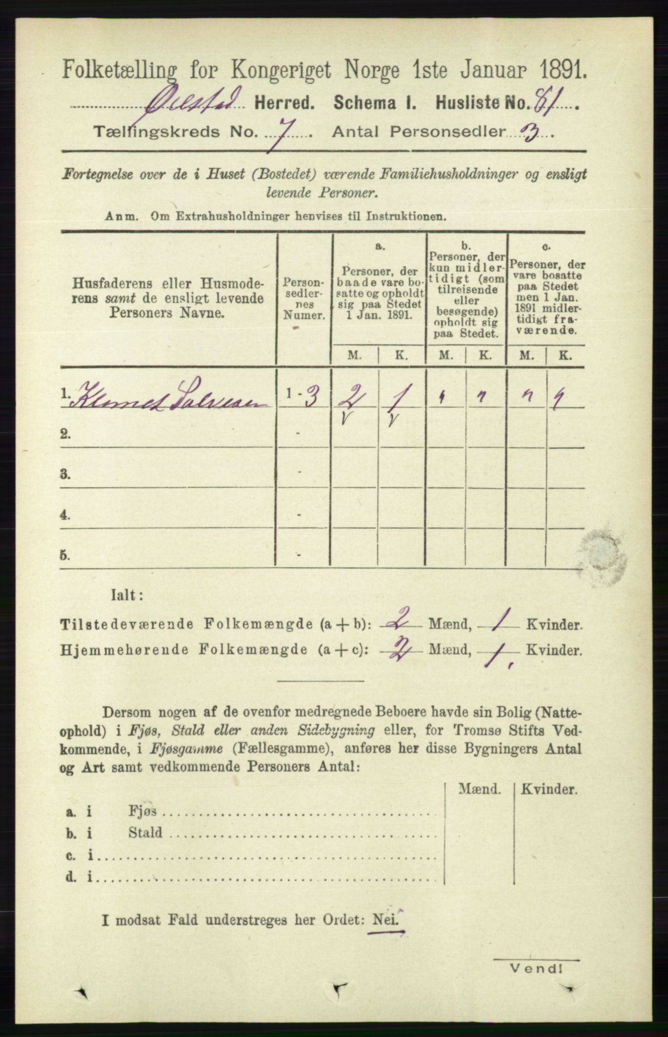 RA, 1891 census for 0920 Øyestad, 1891, p. 2649