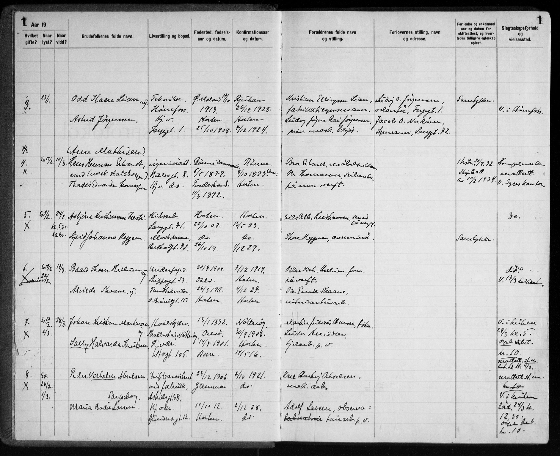 Horten kirkebøker, AV/SAKO-A-348/H/Ha/L0007: Banns register no. 7, 1934-1947, p. 1