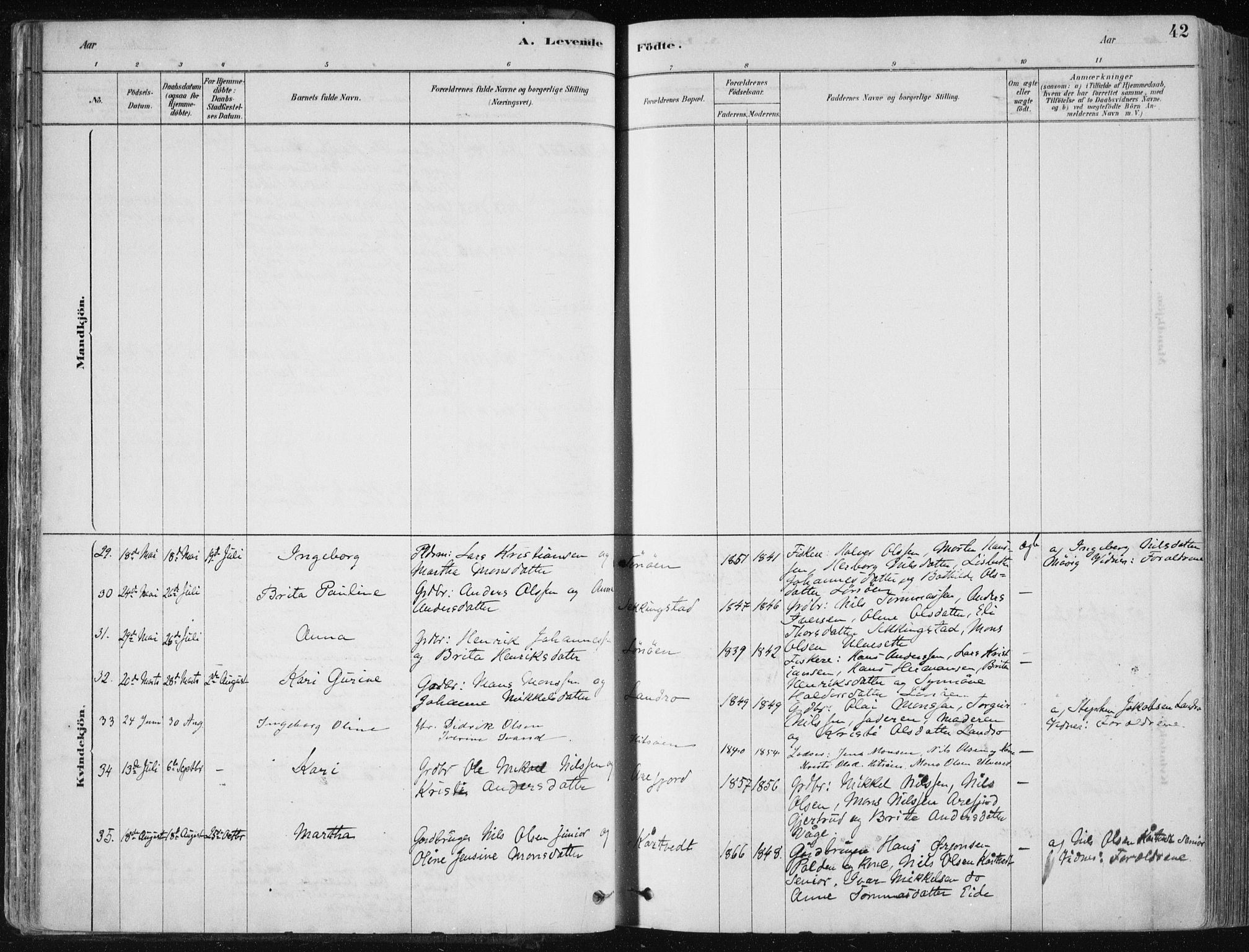 Fjell sokneprestembete, SAB/A-75301/H/Haa: Parish register (official) no. A  8, 1878-1898, p. 42