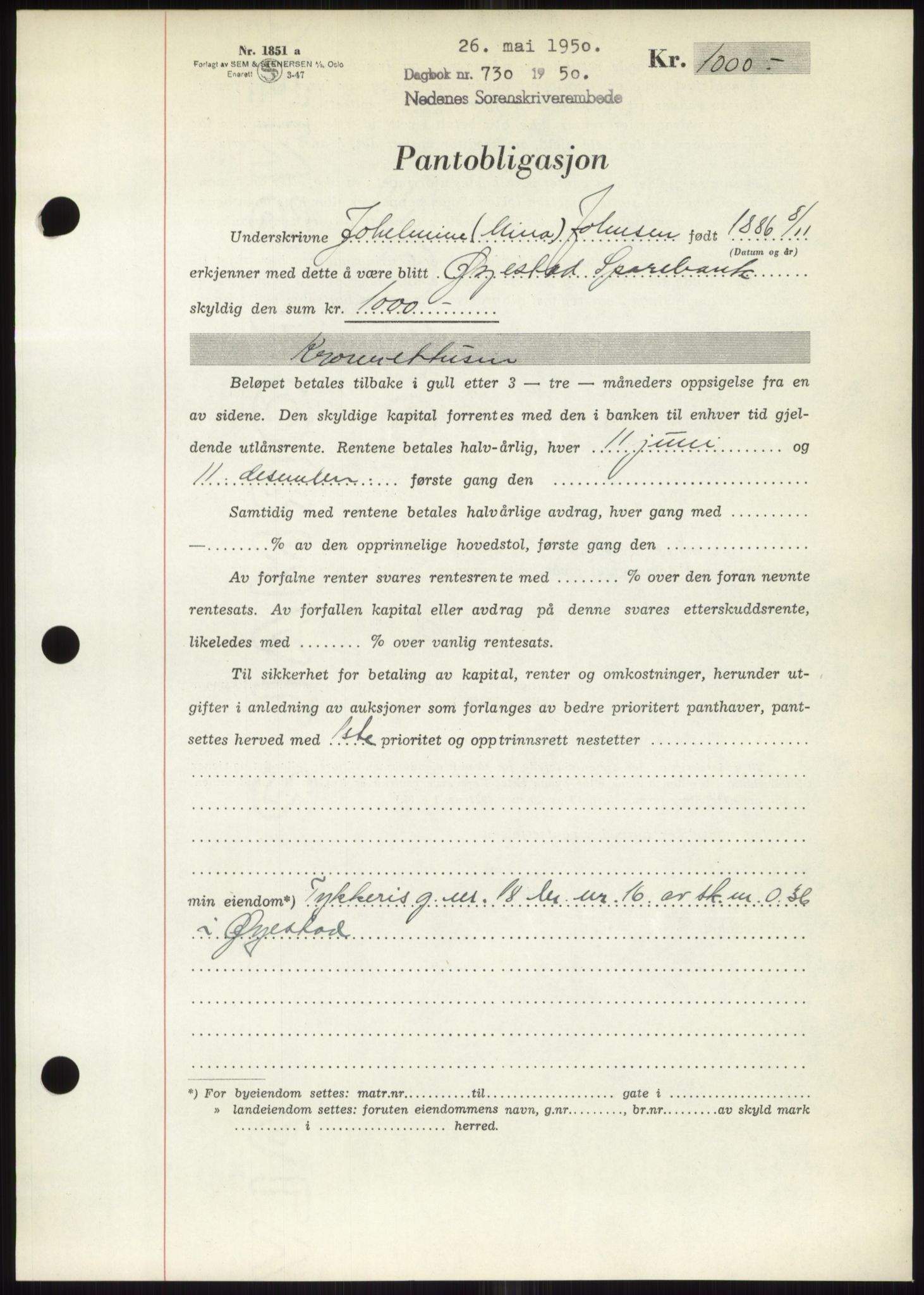 Nedenes sorenskriveri, AV/SAK-1221-0006/G/Gb/Gbb/L0007: Mortgage book no. B7, 1949-1950, Diary no: : 730/1950