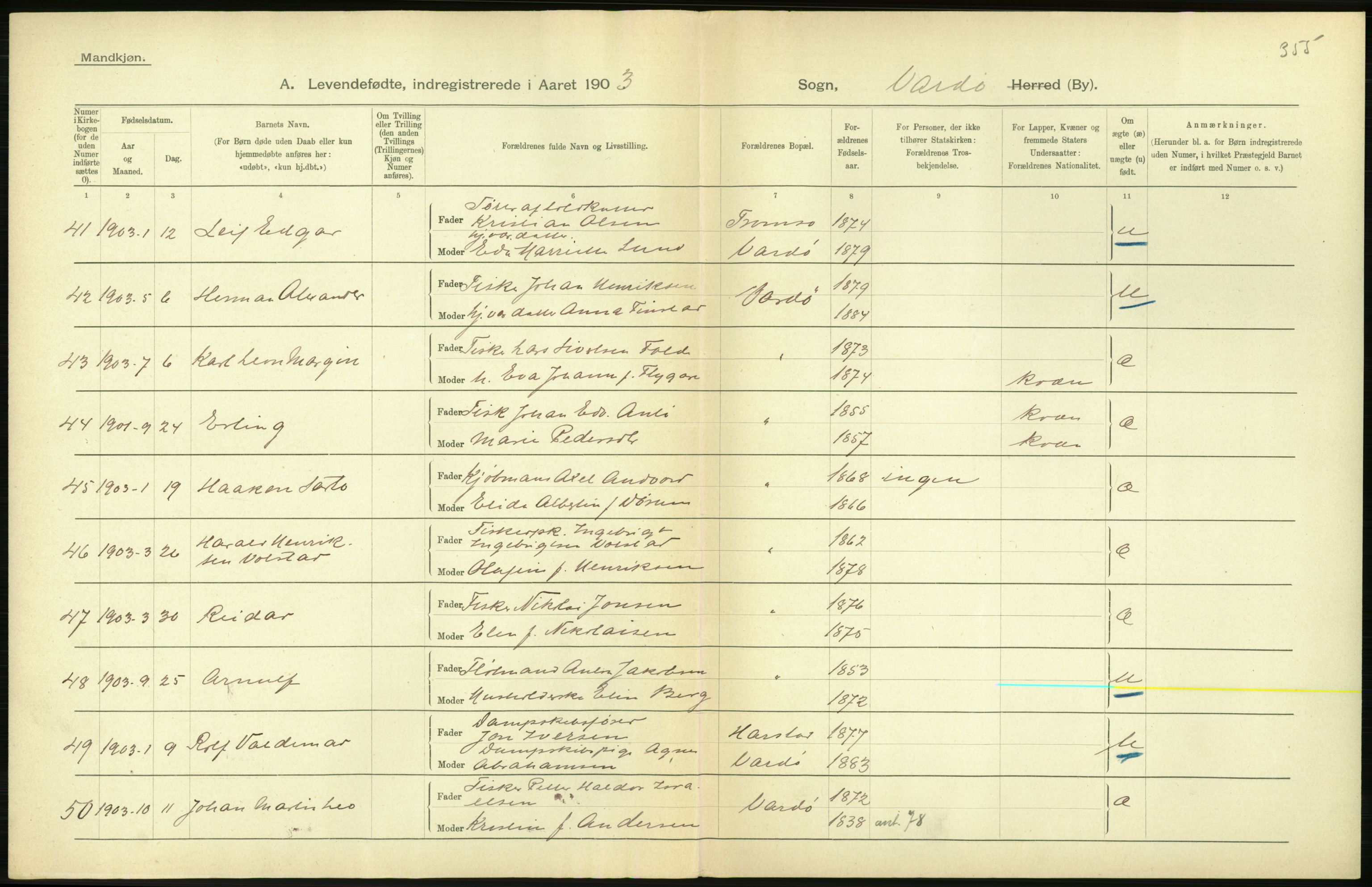 Statistisk sentralbyrå, Sosiodemografiske emner, Befolkning, AV/RA-S-2228/D/Df/Dfa/Dfaa/L0022: Finnmarkens amt: Fødte, gifte, døde., 1903, p. 136