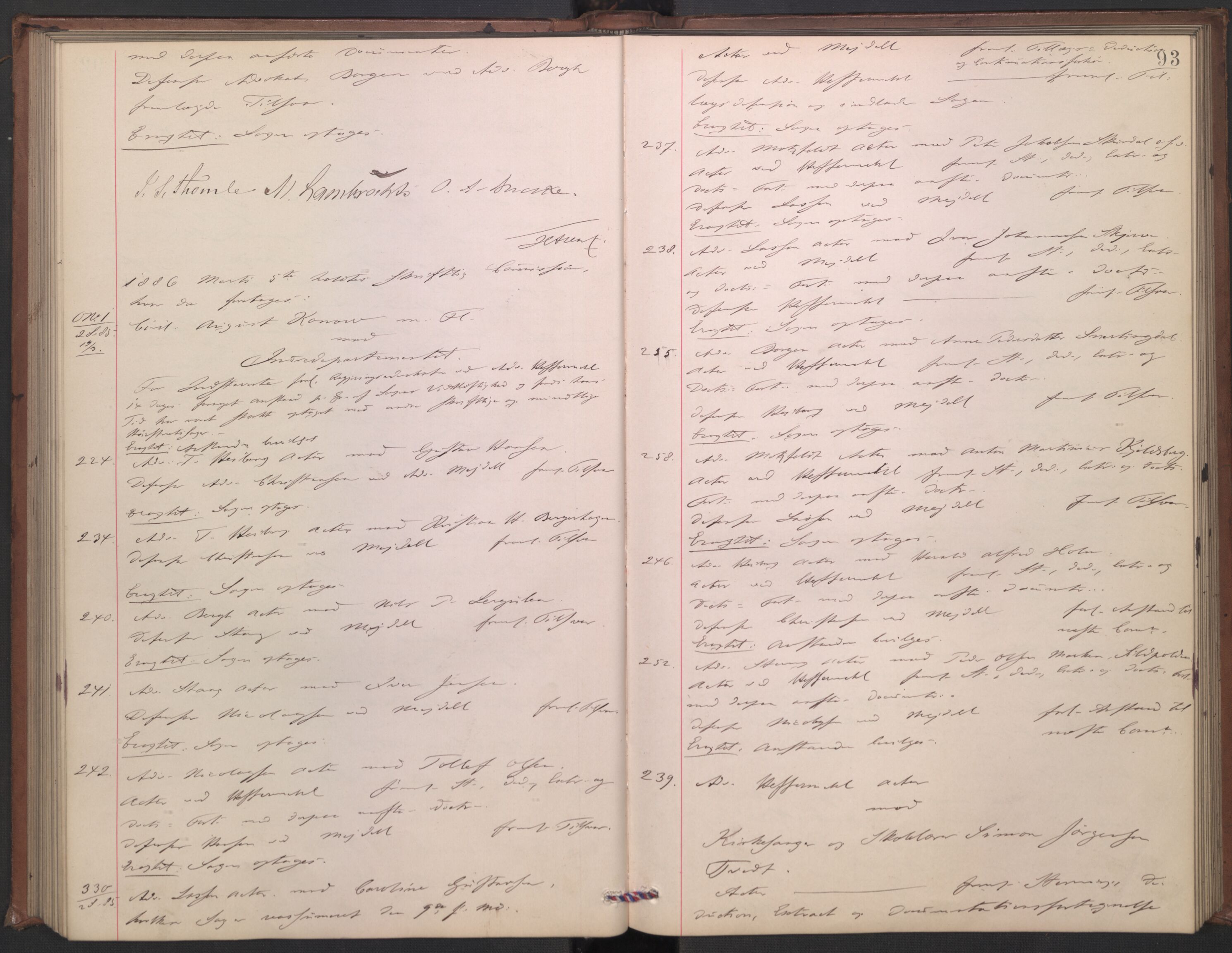 Høyesterett, AV/RA-S-1002/E/Ef/L0015: Protokoll over saker som gikk til skriftlig behandling, 1884-1888, p. 92b-93a