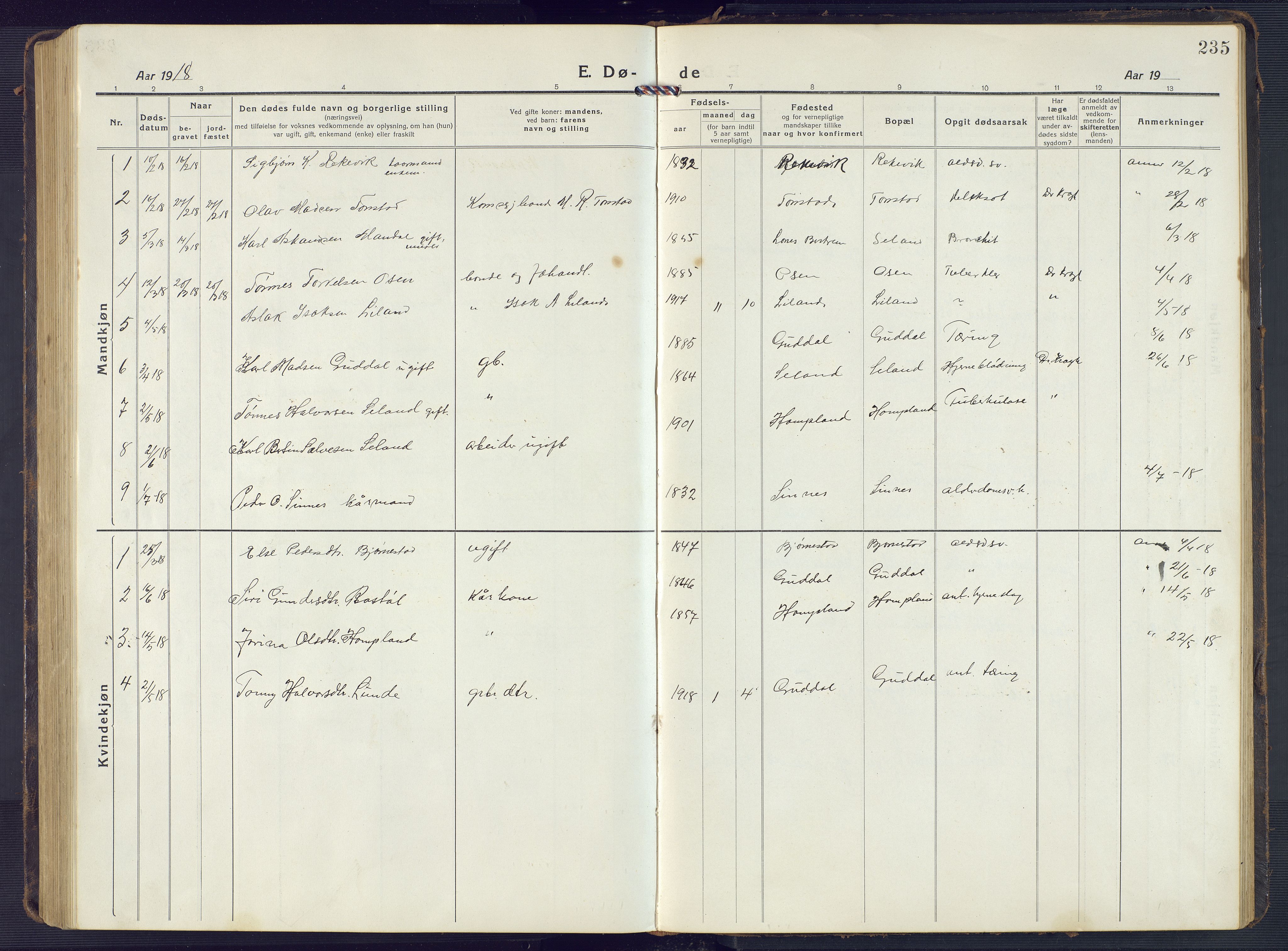 Sirdal sokneprestkontor, SAK/1111-0036/F/Fb/Fbb/L0005: Parish register (copy) no. B 5, 1916-1960, p. 235