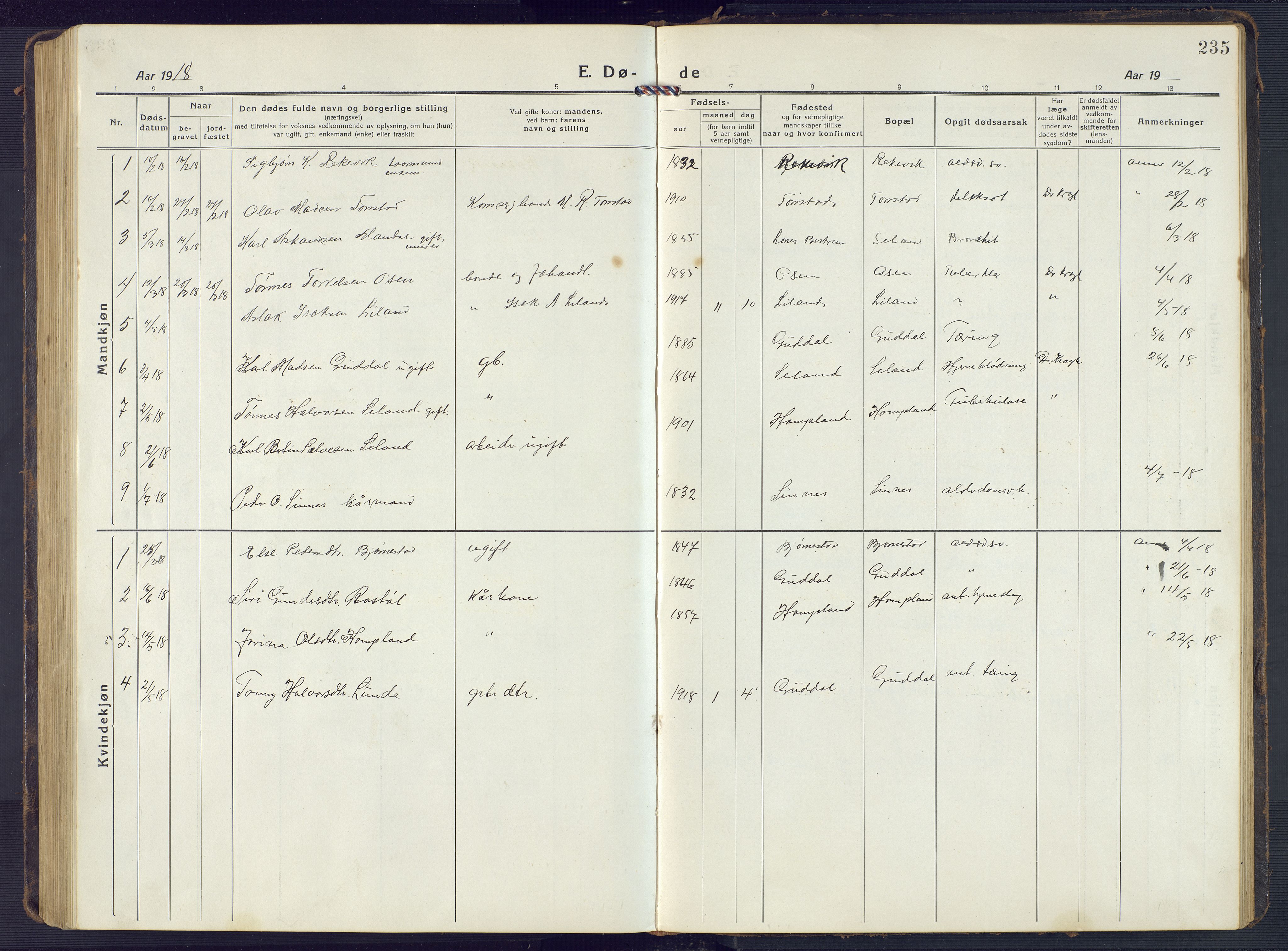 Sirdal sokneprestkontor, AV/SAK-1111-0036/F/Fb/Fbb/L0005: Parish register (copy) no. B 5, 1916-1960, p. 235