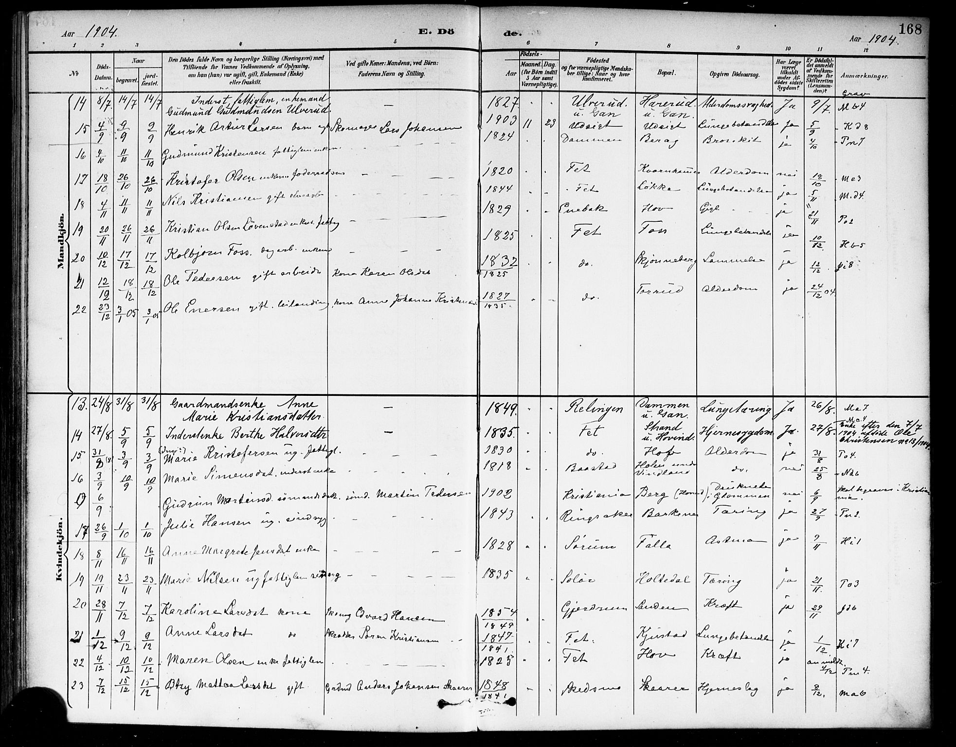 Fet prestekontor Kirkebøker, SAO/A-10370a/F/Fa/L0015: Parish register (official) no. I 15, 1892-1904, p. 168