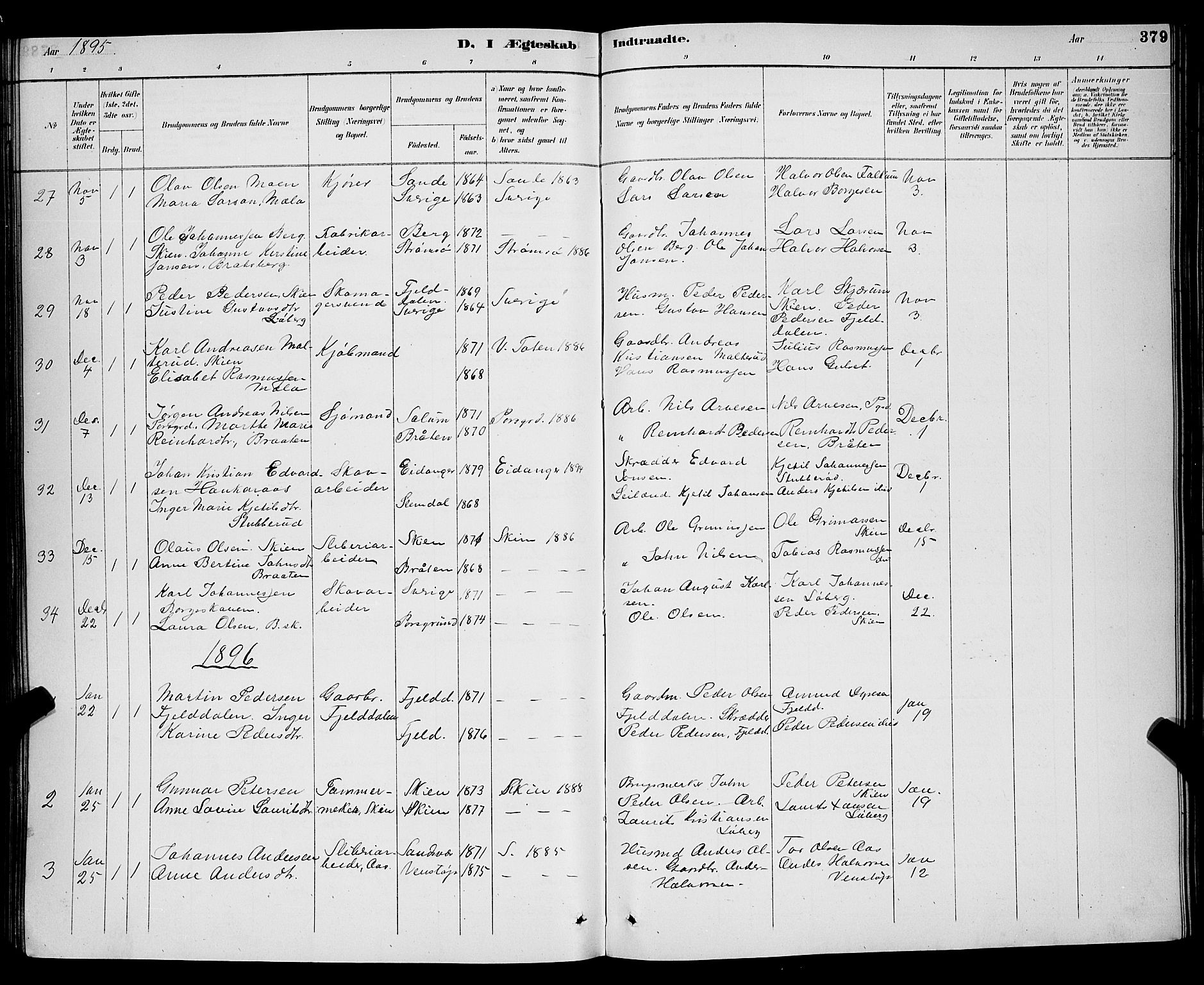 Gjerpen kirkebøker, AV/SAKO-A-265/G/Ga/L0002: Parish register (copy) no. I 2, 1883-1900, p. 379