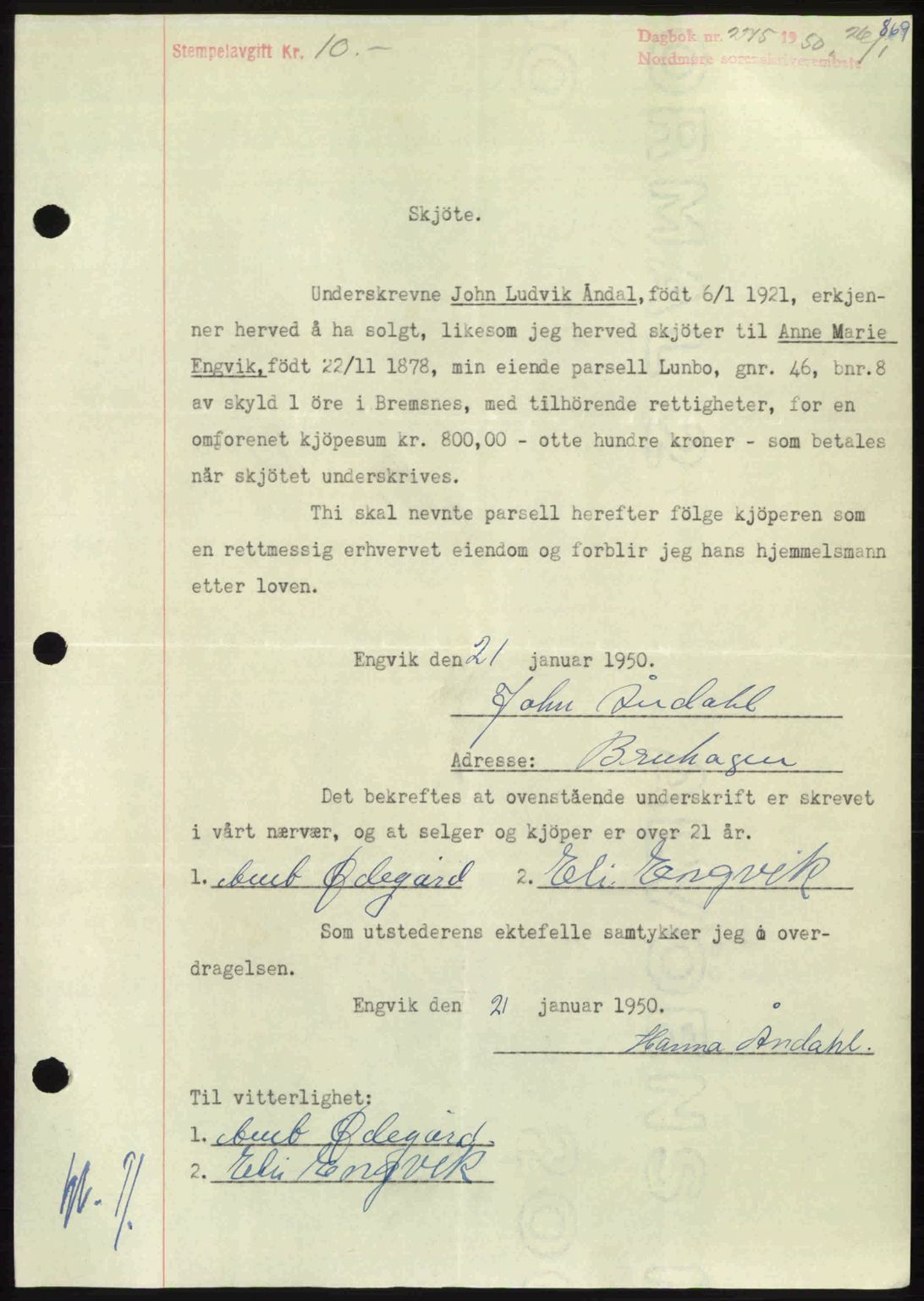 Nordmøre sorenskriveri, AV/SAT-A-4132/1/2/2Ca: Mortgage book no. A113, 1949-1950, Diary no: : 275/1950