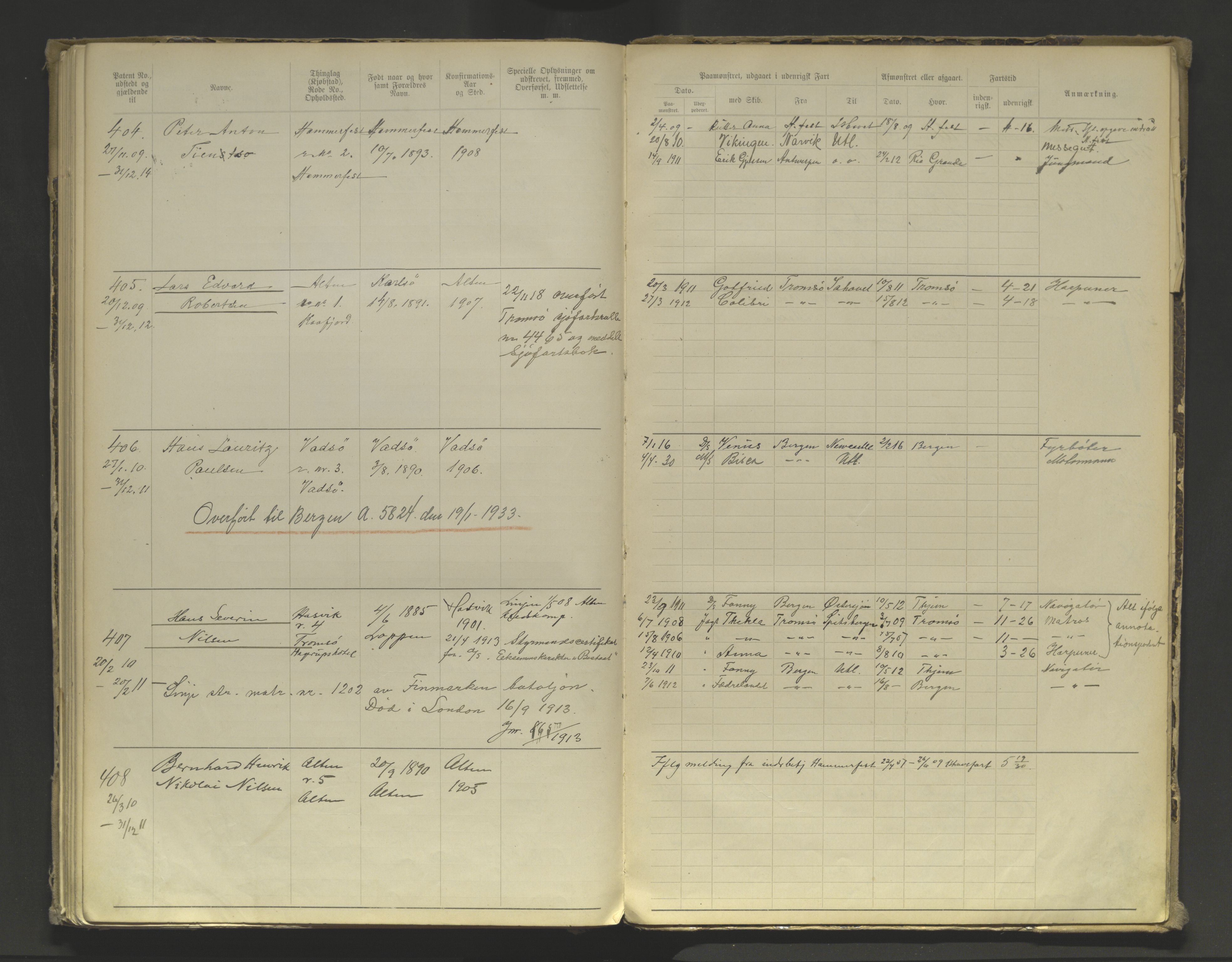 Tromsø sjømannskontor/innrullerings-/mønstringsdistrikt, AV/SATØ-S-0243/F/Fa/L0004: Annotasjonsrulle. Defekt: manglende rygg. Nr. 1-473, 1869-1912