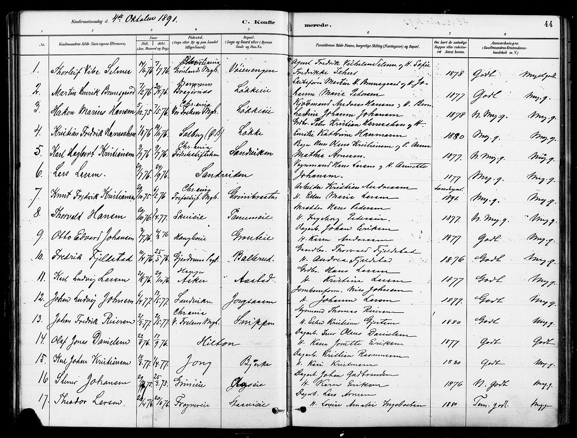 Asker prestekontor Kirkebøker, SAO/A-10256a/F/Fb/L0002: Parish register (official) no. II 2, 1879-1921, p. 44
