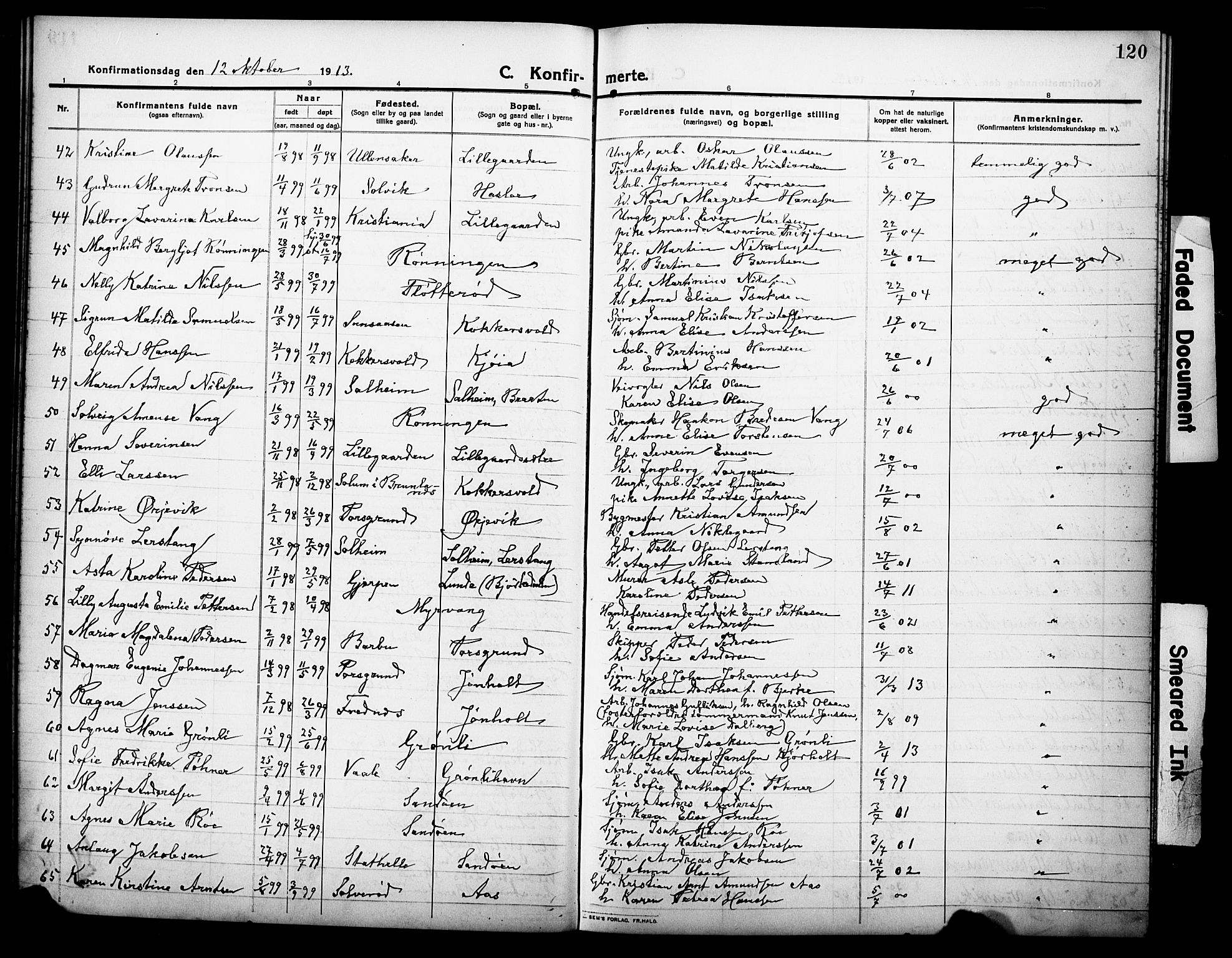Eidanger kirkebøker, AV/SAKO-A-261/G/Ga/L0004: Parish register (copy) no. 4, 1912-1927, p. 120