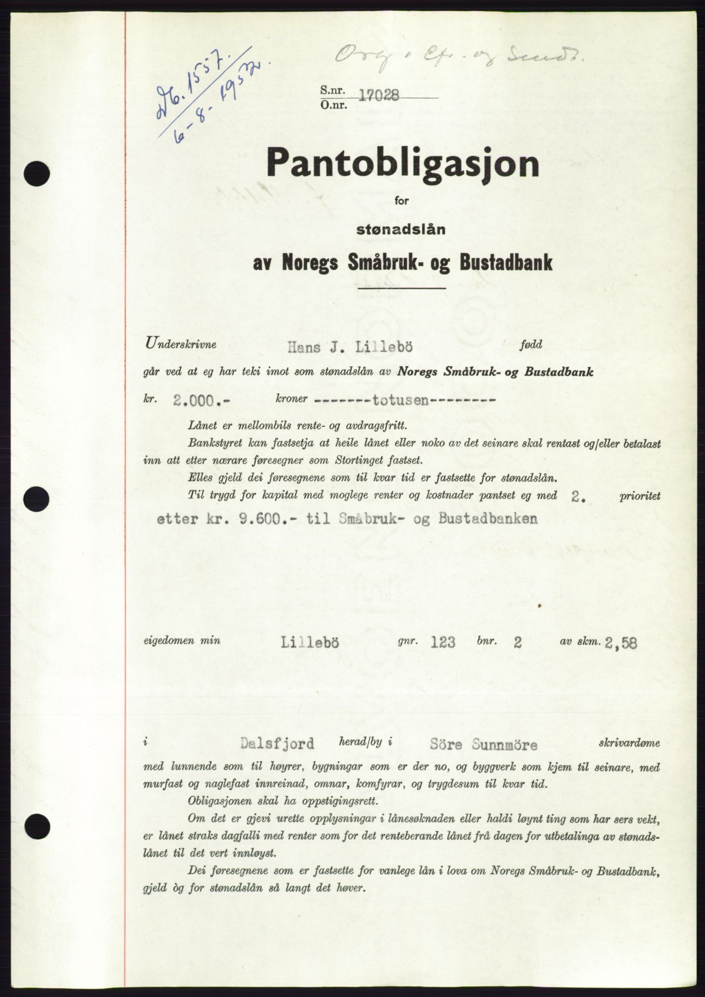 Søre Sunnmøre sorenskriveri, AV/SAT-A-4122/1/2/2C/L0121: Mortgage book no. 9B, 1951-1952, Diary no: : 1557/1952