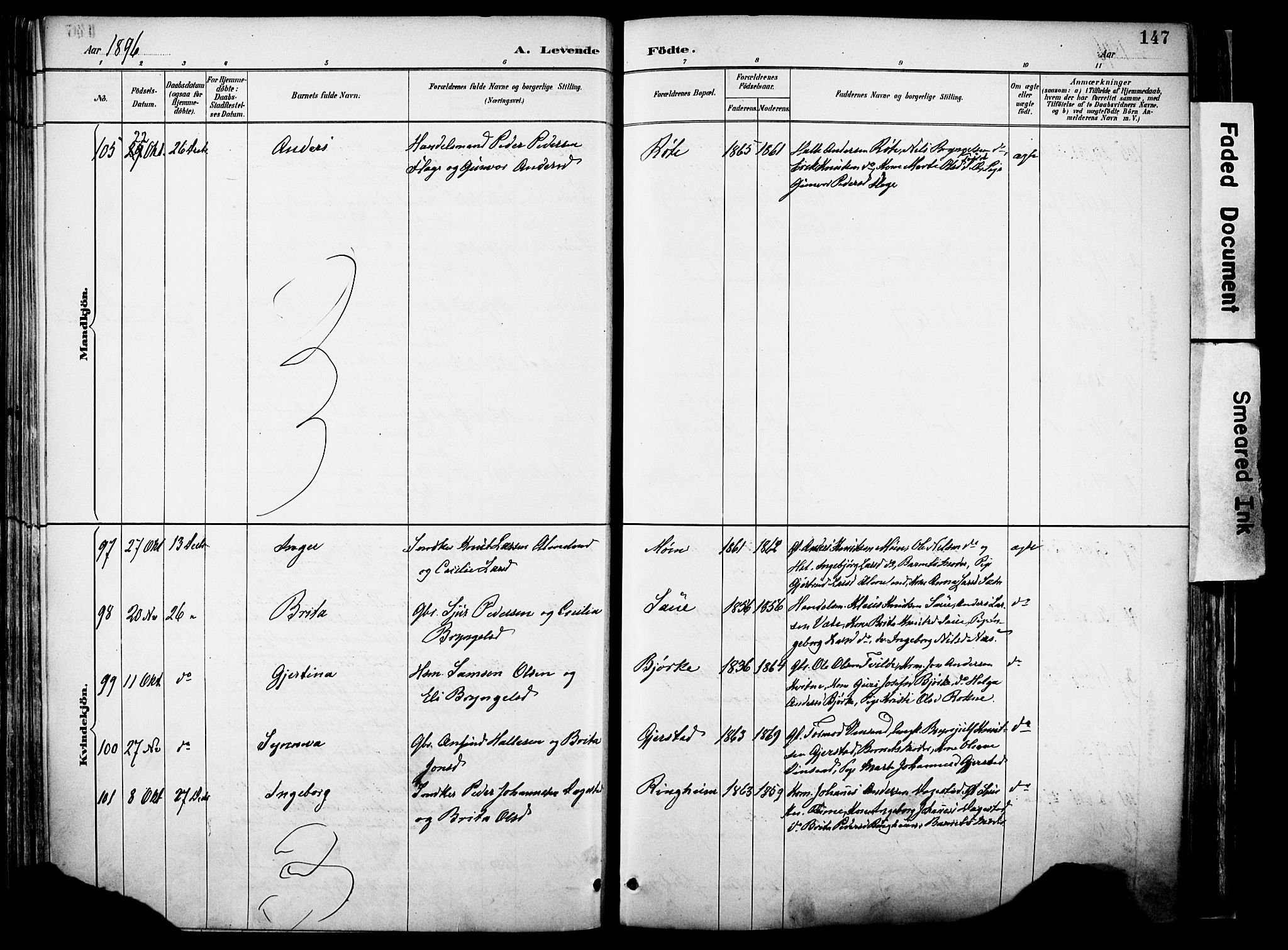 Voss sokneprestembete, SAB/A-79001/H/Haa: Parish register (official) no. A 21, 1887-1903, p. 147