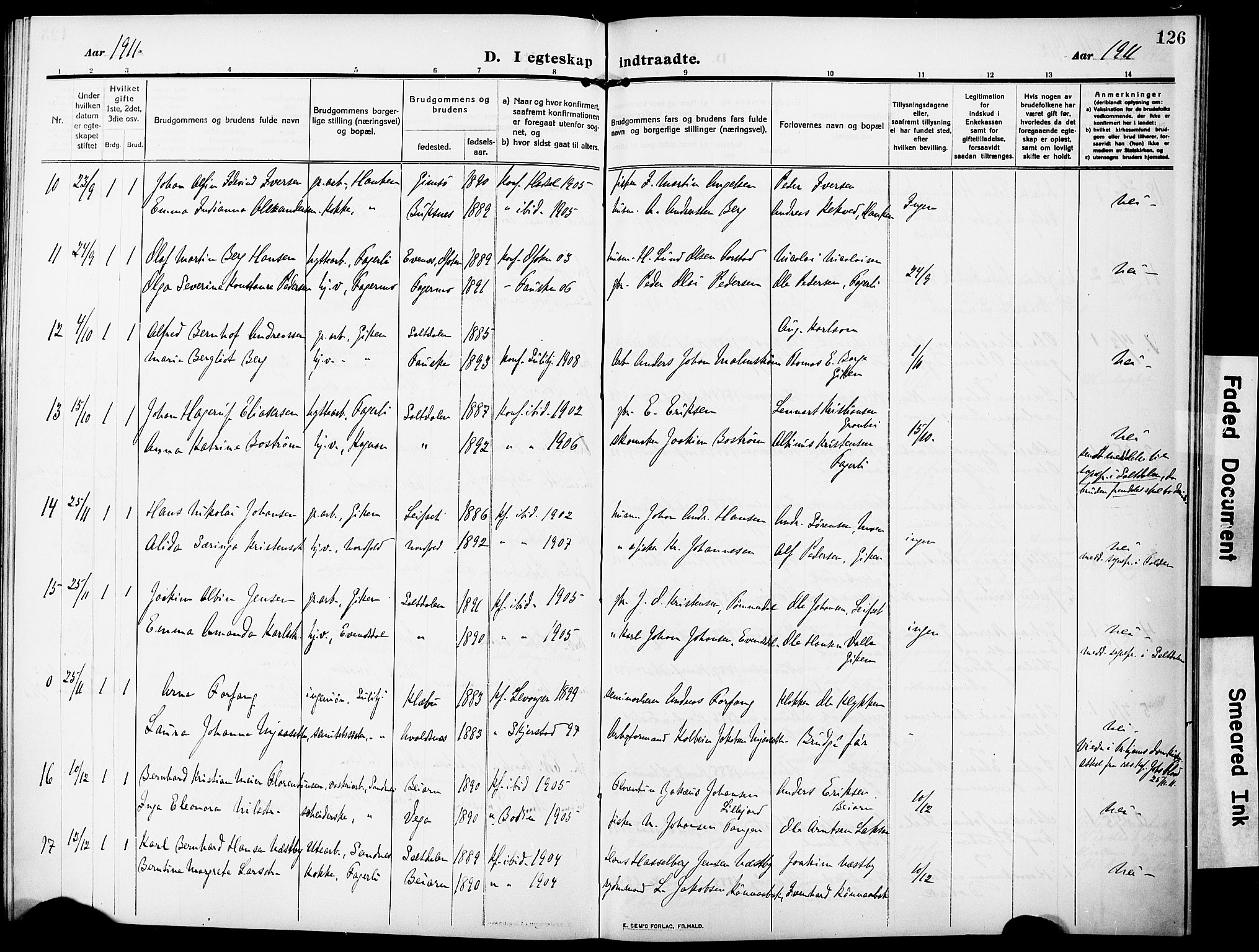 Ministerialprotokoller, klokkerbøker og fødselsregistre - Nordland, AV/SAT-A-1459/850/L0710: Parish register (official) no. 850A02, 1910-1920, p. 126