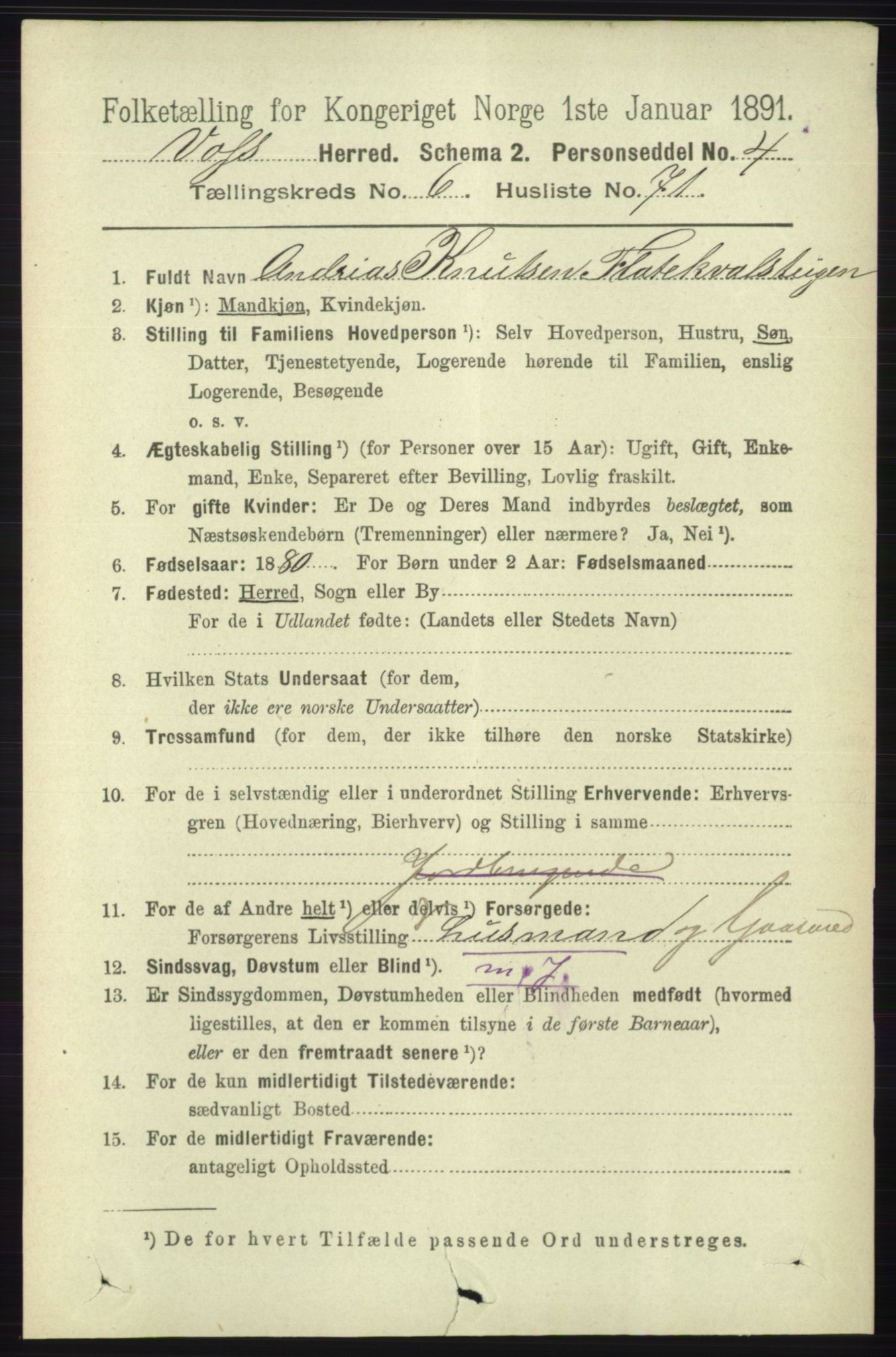 RA, 1891 census for 1235 Voss, 1891, p. 3726