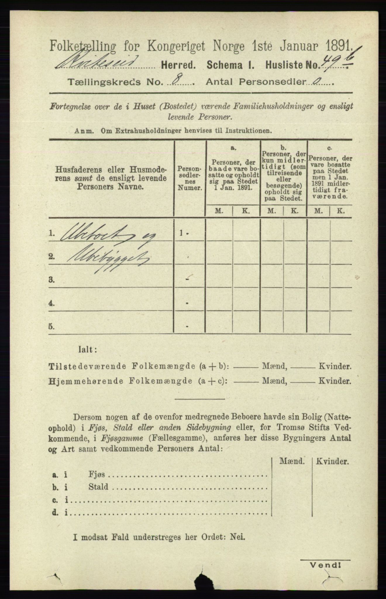 RA, 1891 census for 0829 Kviteseid, 1891, p. 1598